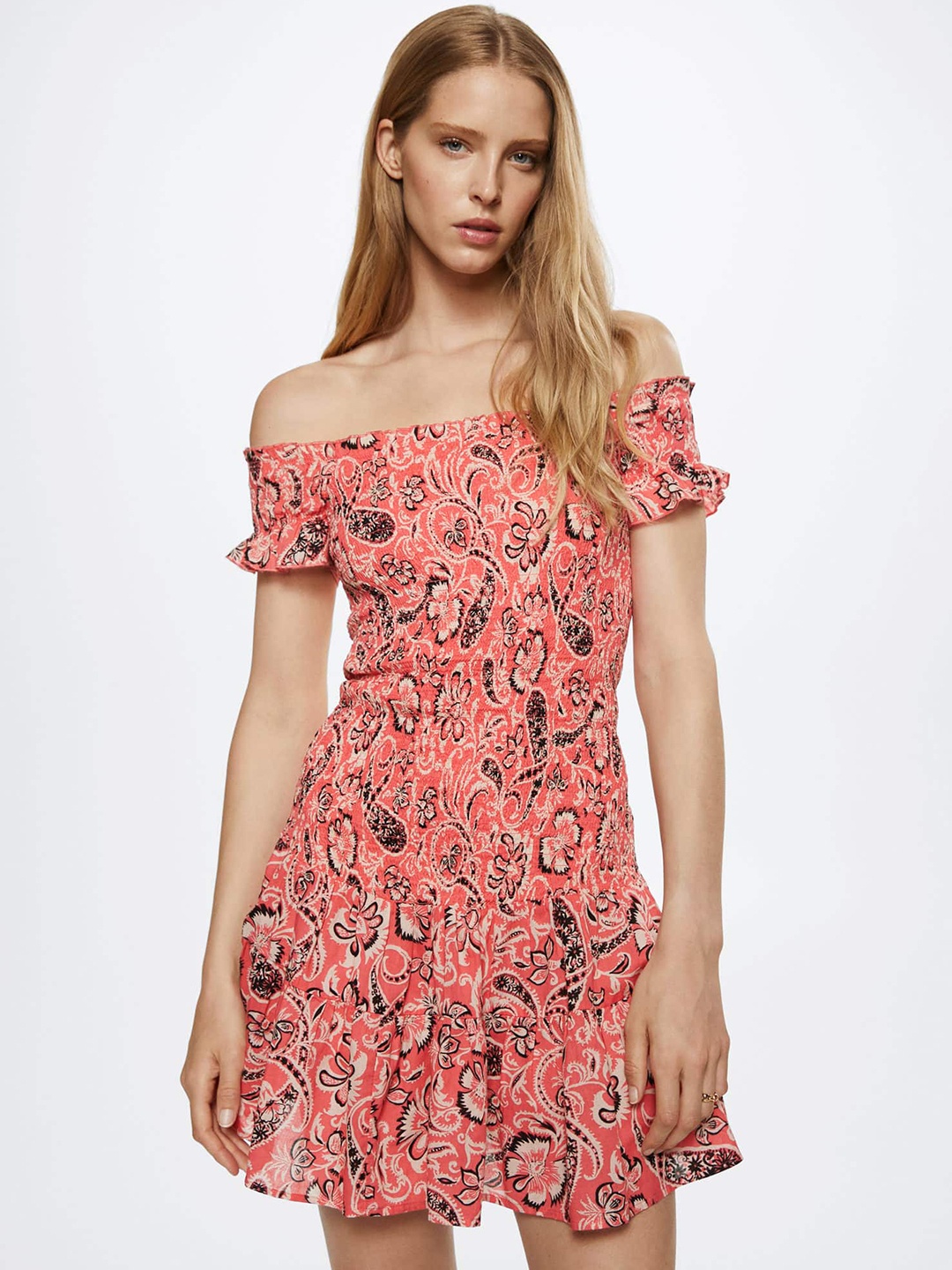 

MANGO Red & White Floral Off-Shoulder A-Line Dress