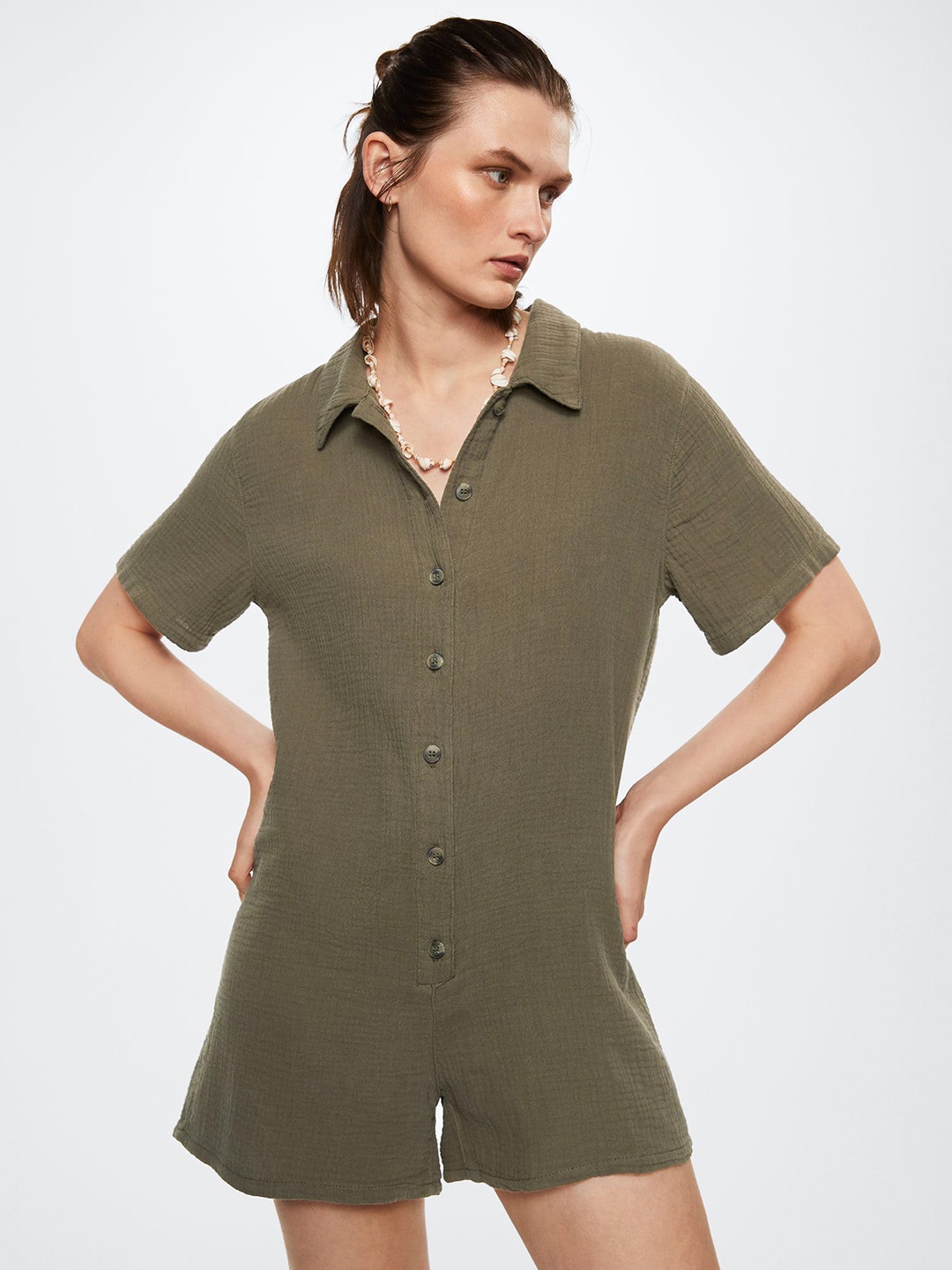 

MANGO Olive Green Pure Cotton Solid Basic Jumpsuit