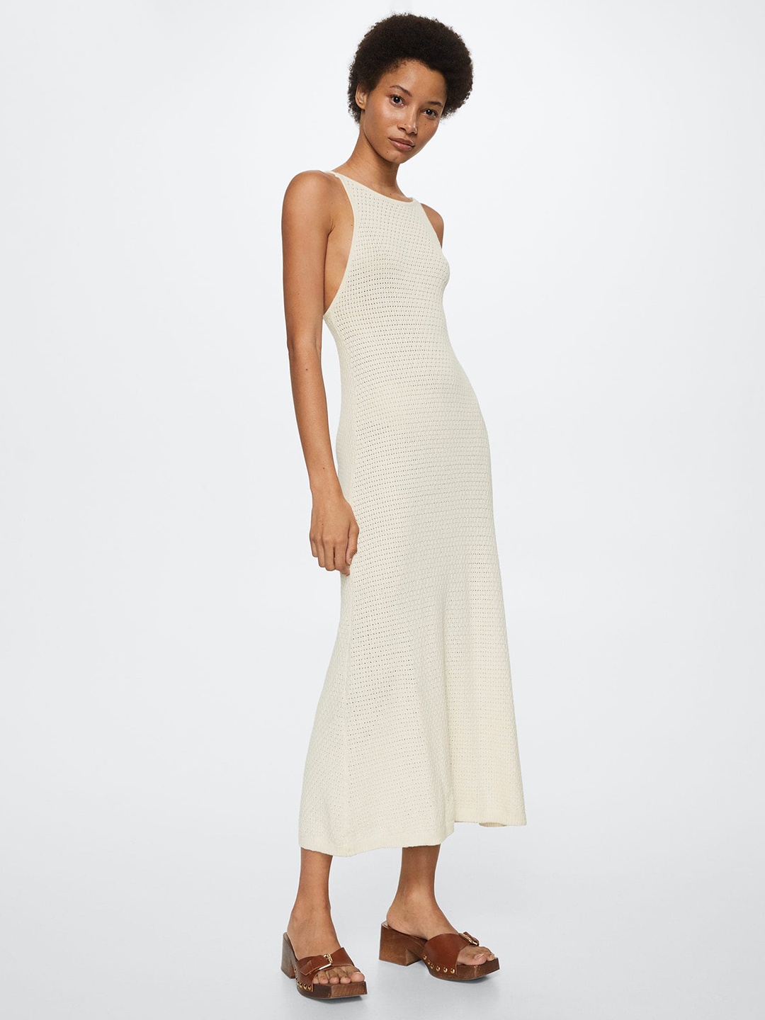 

MANGO Beige Crochet Cotton Linen A-Line Midi Dress with Tie-Up Closure