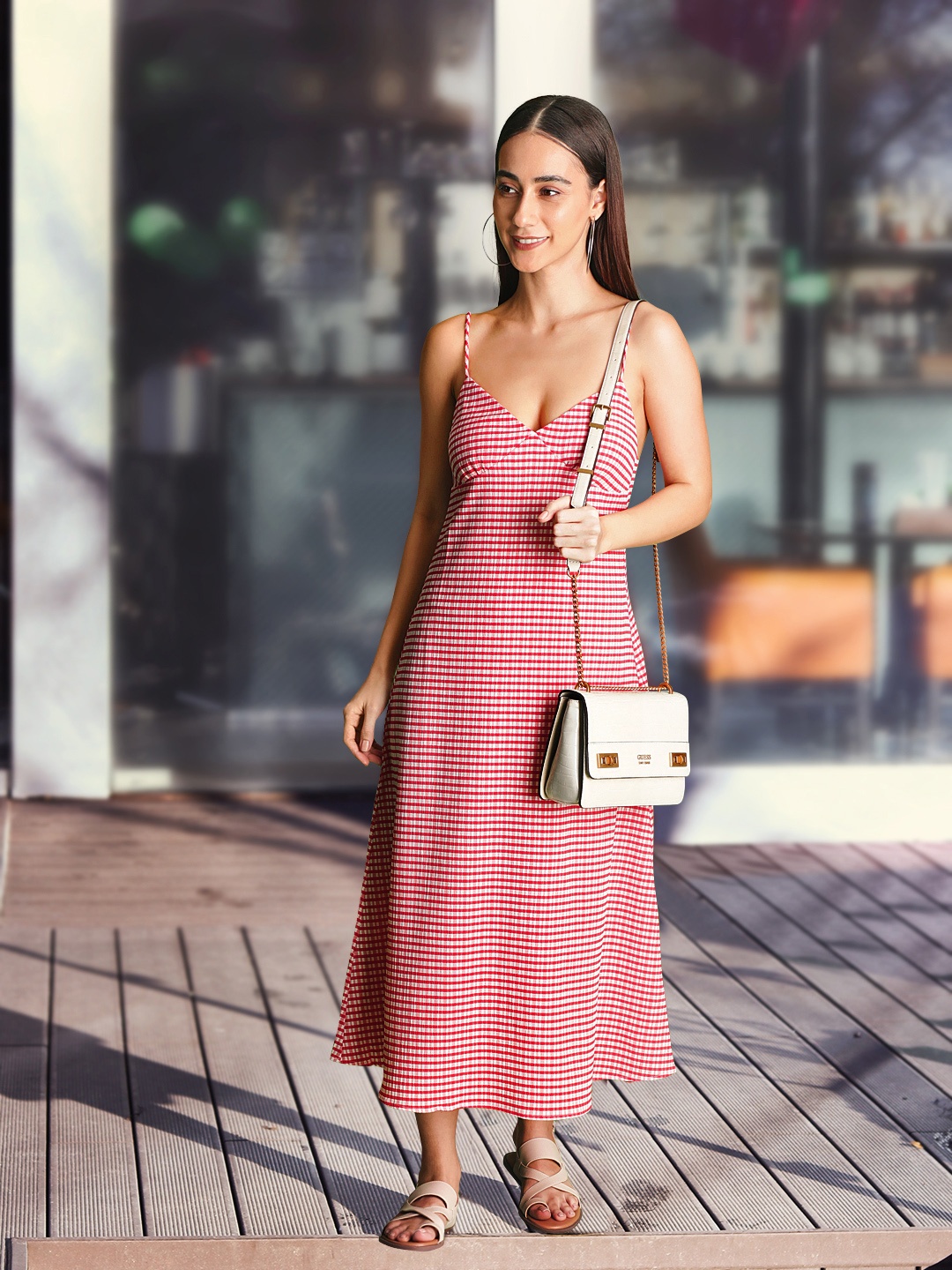 

MANGO Women Red & White Striped A-Line Midi Dress