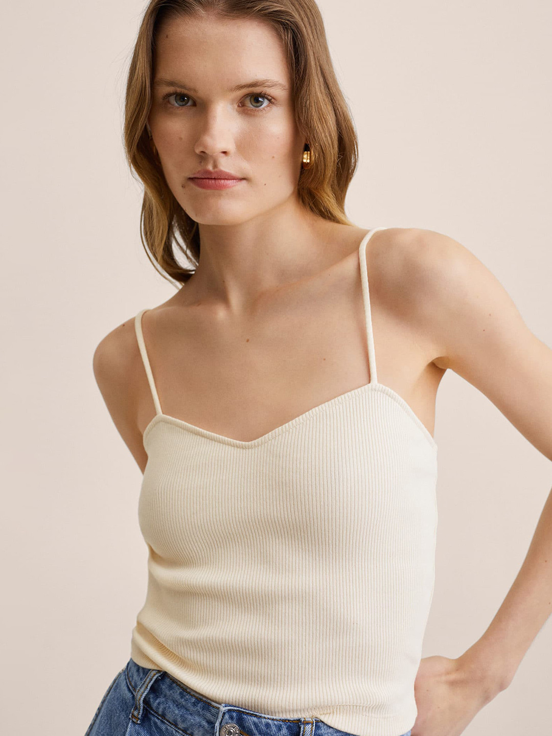 

MANGO Off White Ribbed Top