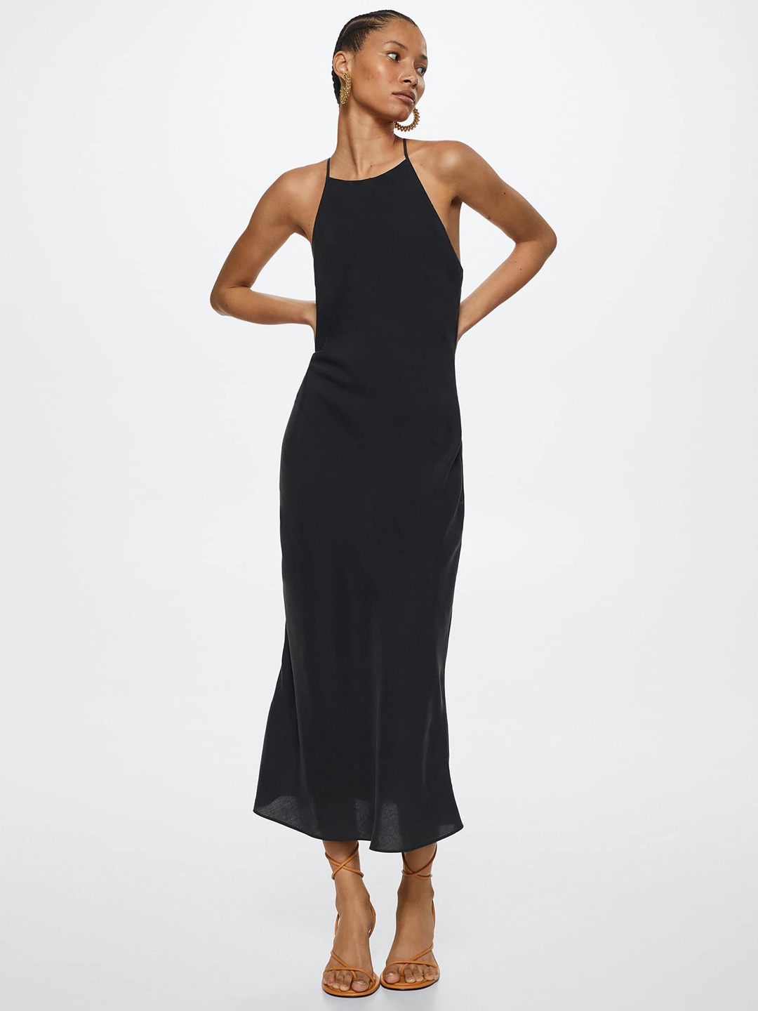 

MANGO Black Solid A-Line Midi Dress