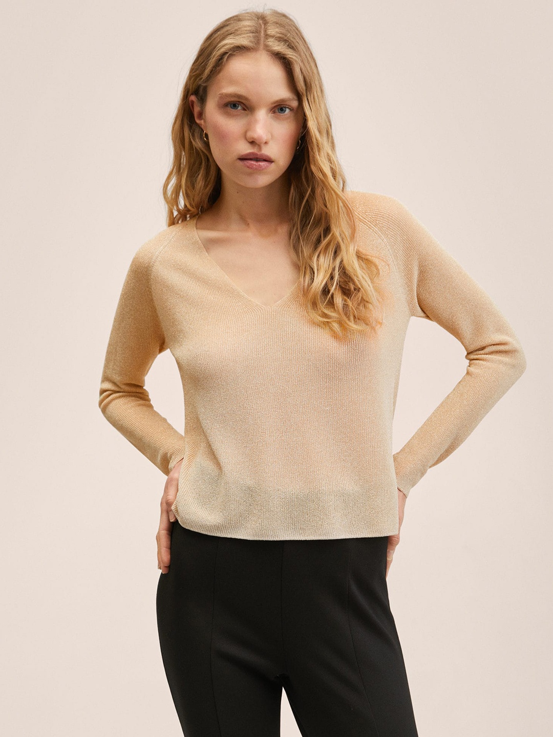 

MANGO Women Beige Solid Raglan Sleeves Sweater