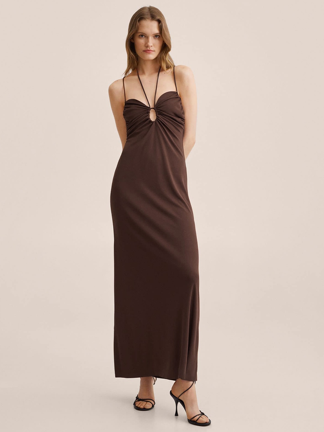 

MANGO Brown Solid Halter Neck Maxi Dress