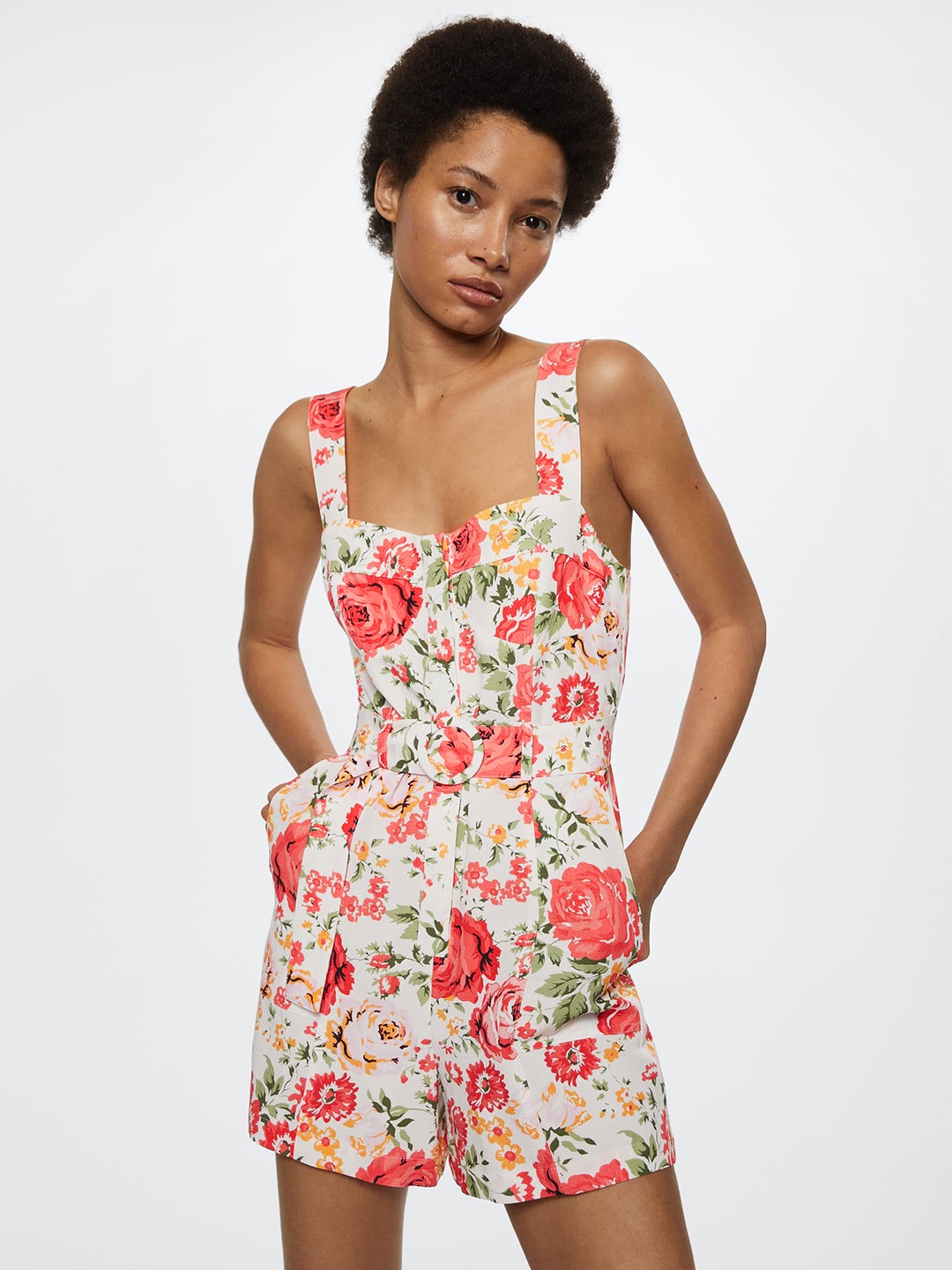

MANGO White & Coral Printed Jumpsuit