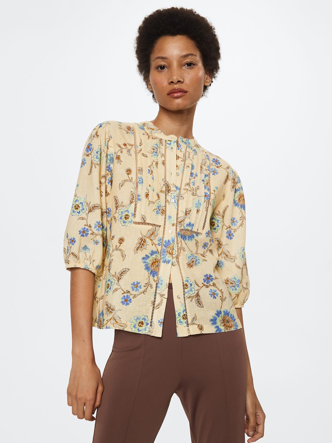 

MANGO Cream-Coloured & Blue Floral Print Mandarin Collar Shirt Style Top