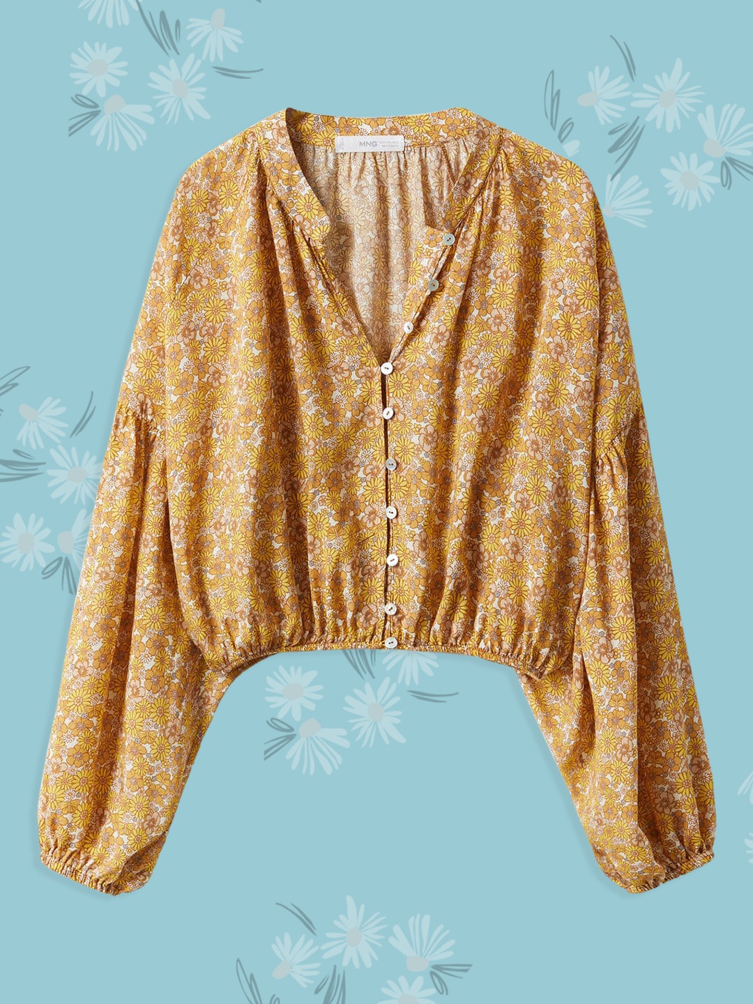 

Mango Kids Girls Mustard Yellow & White Floral Print Mandarin Collar Blouson Top