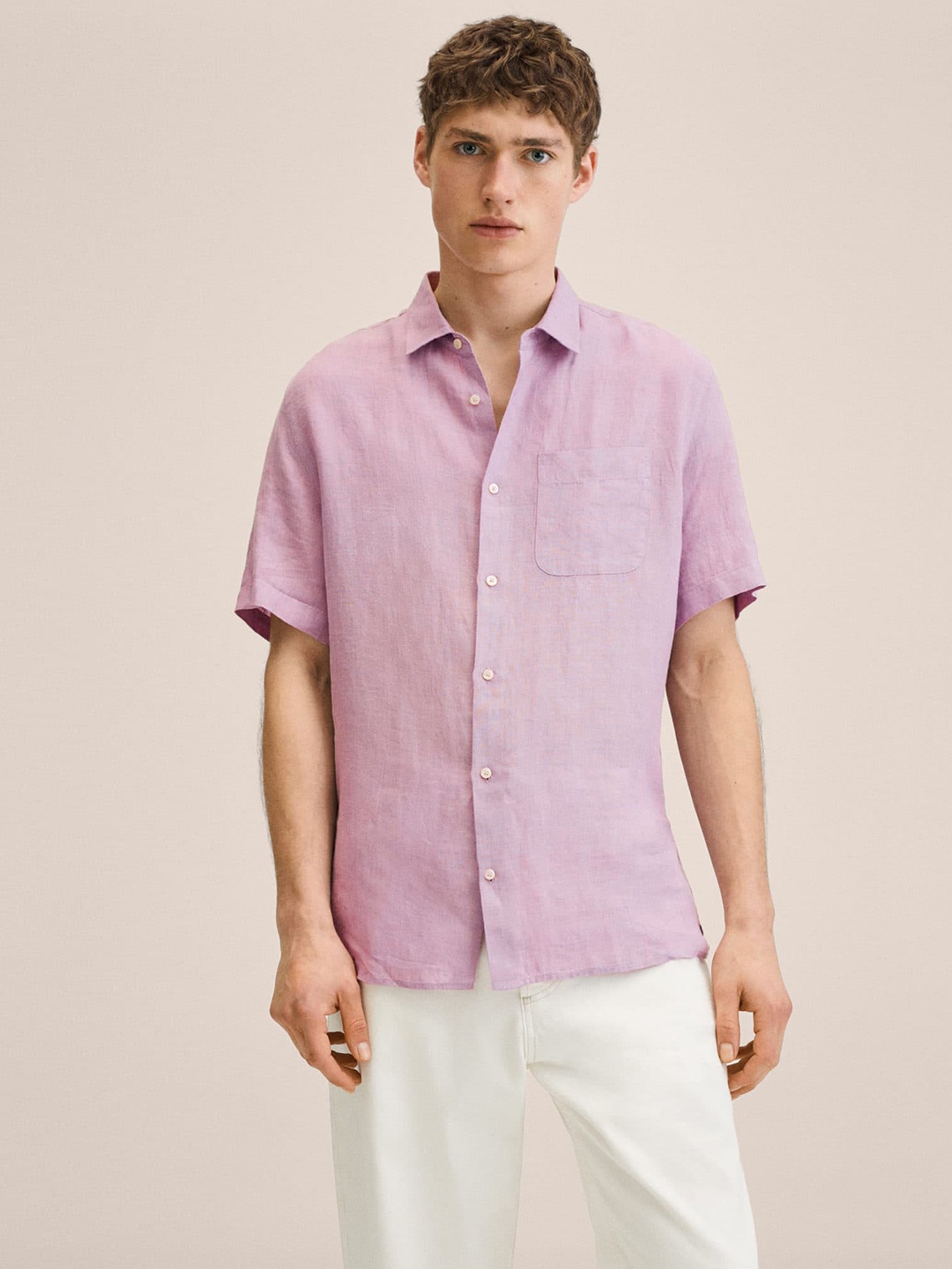 

MANGO MAN Mauve Linen Solid Slim Fit Casual Shirt