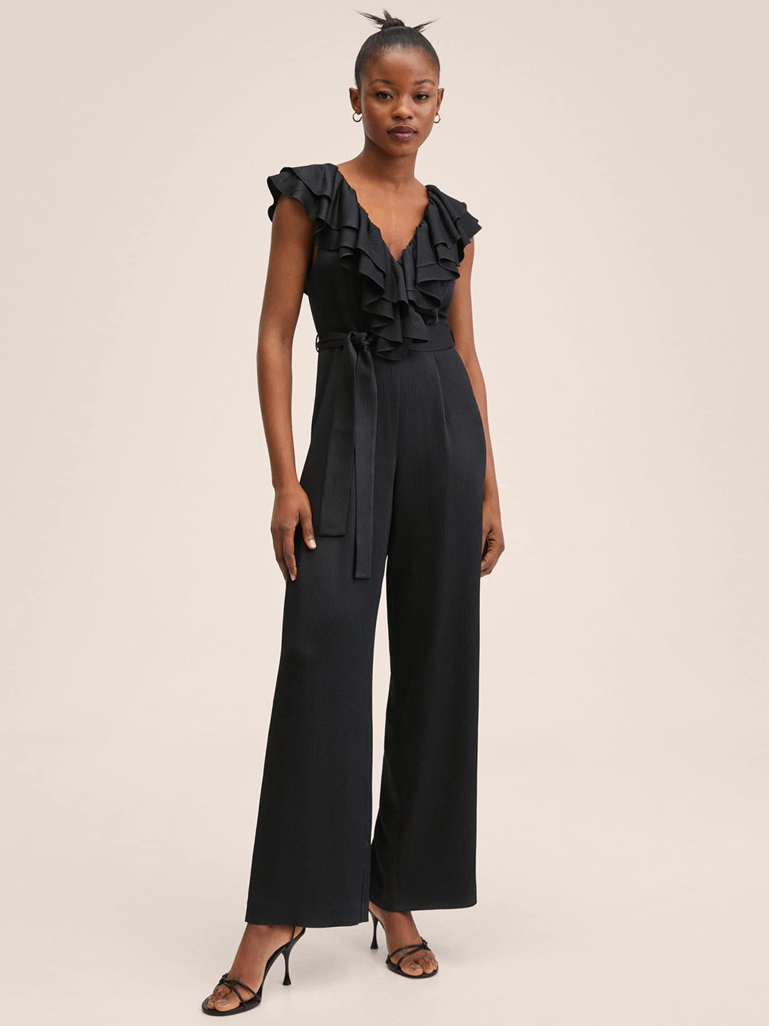 

MANGO Black Solid Ruffled Basic Jumpsuit