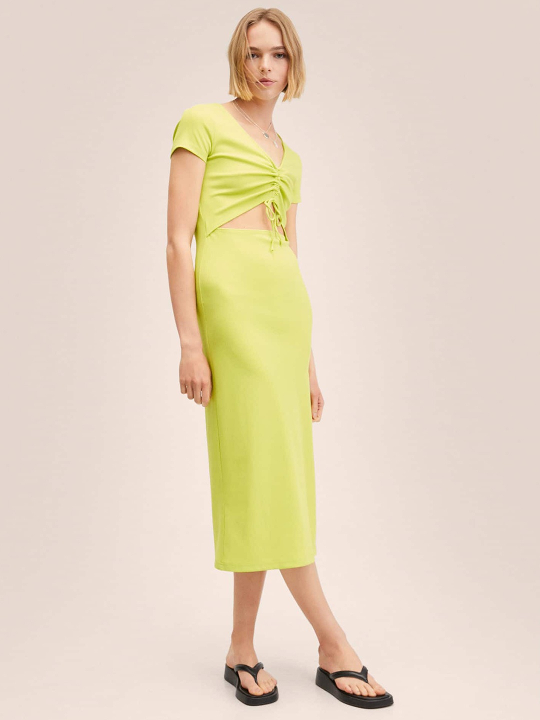 

MANGO Yellow A-Line Knitted Midi Dress with Cut-Out Detail & Side Slit