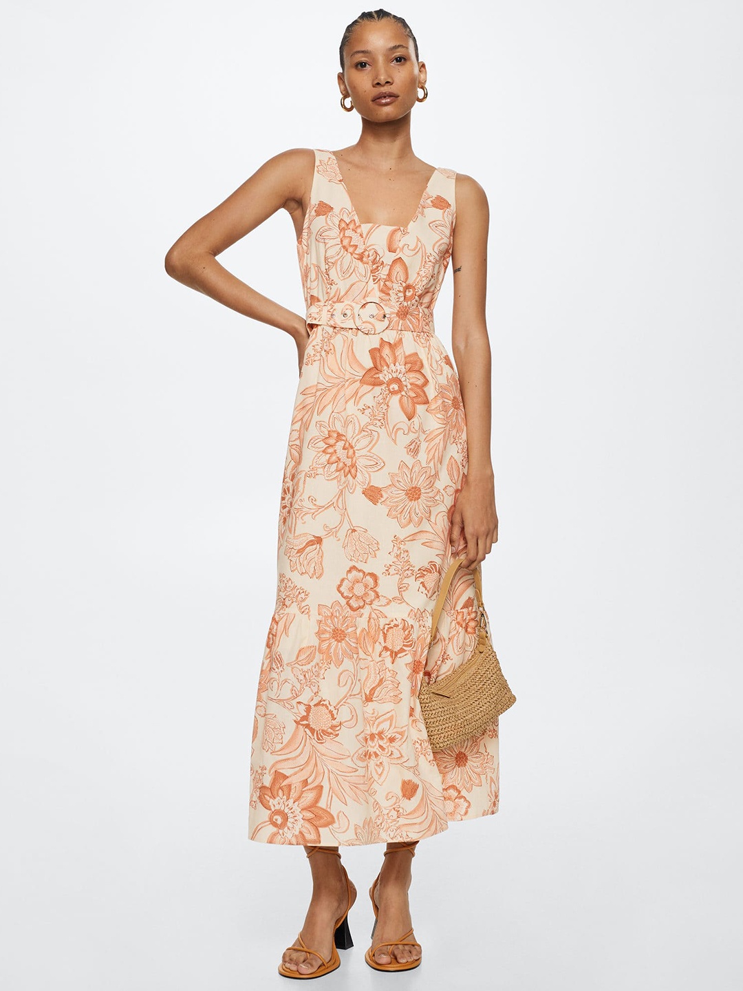 

MANGO Beige & Peach-Coloured Floral A-Line Midi Dress