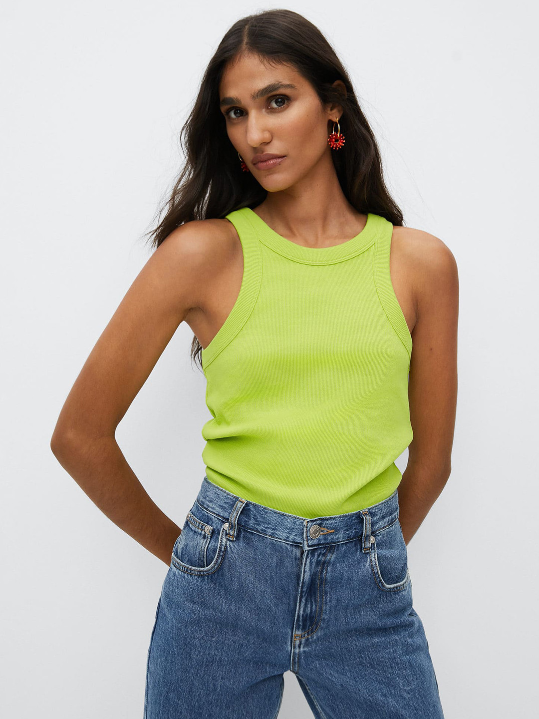 

MANGO Lime Green Solid Round Neck Top
