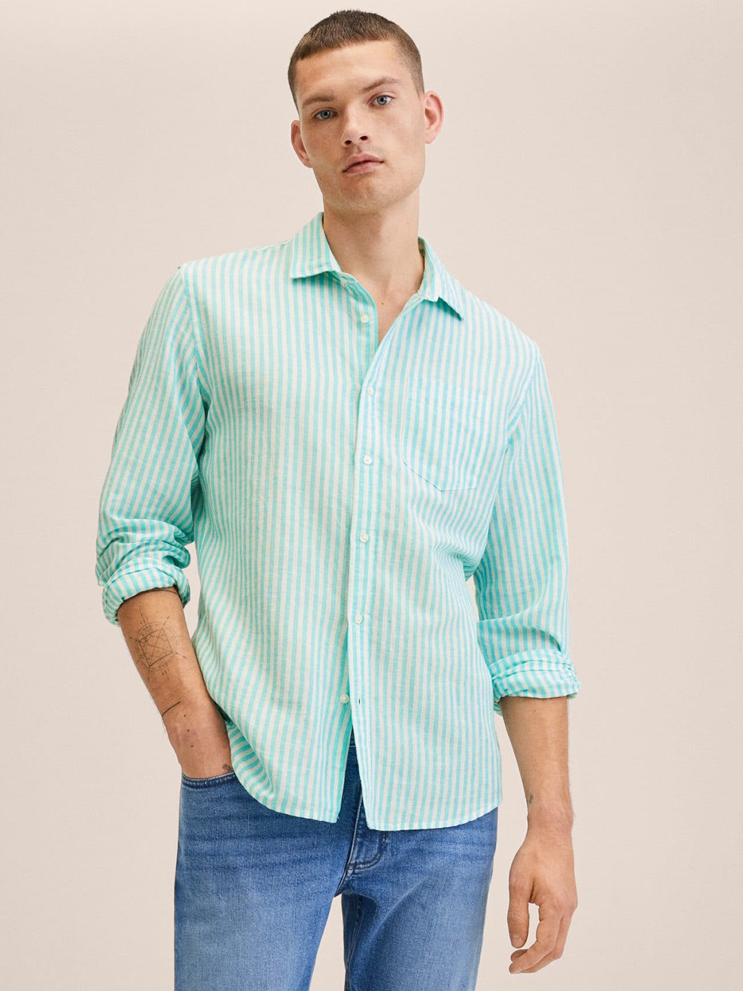 

MANGO MAN Men Turquoise Blue & White Slim Fit Striped Linen-Cotton Casual Shirt