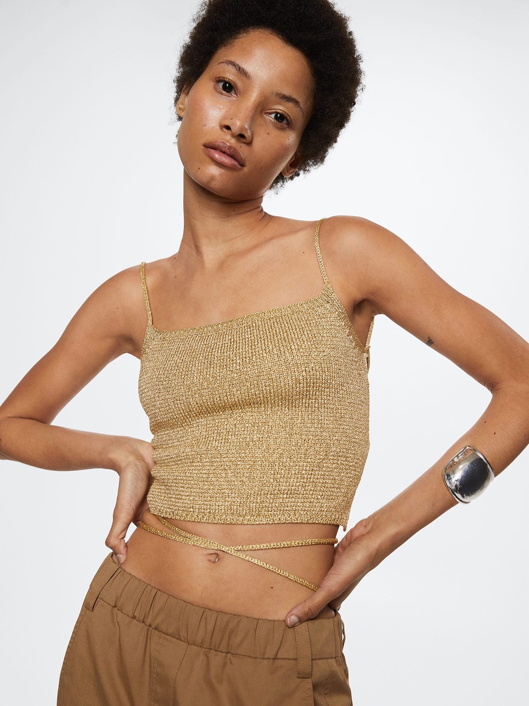 

MANGO Beige Solid Styled Back Crop Top