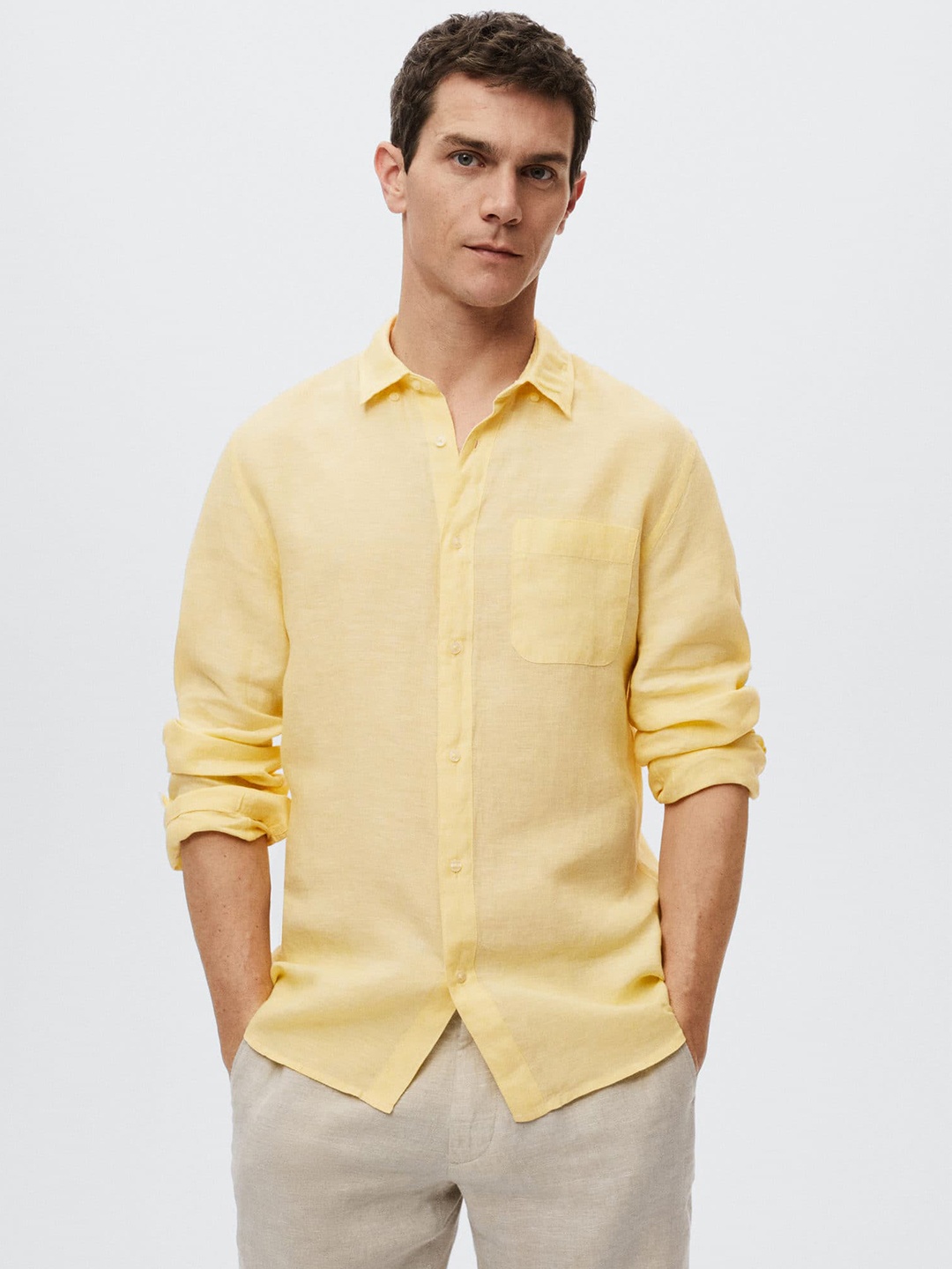 

MANGO MAN Yellow Linen Solid Slim Fit Casual Shirt