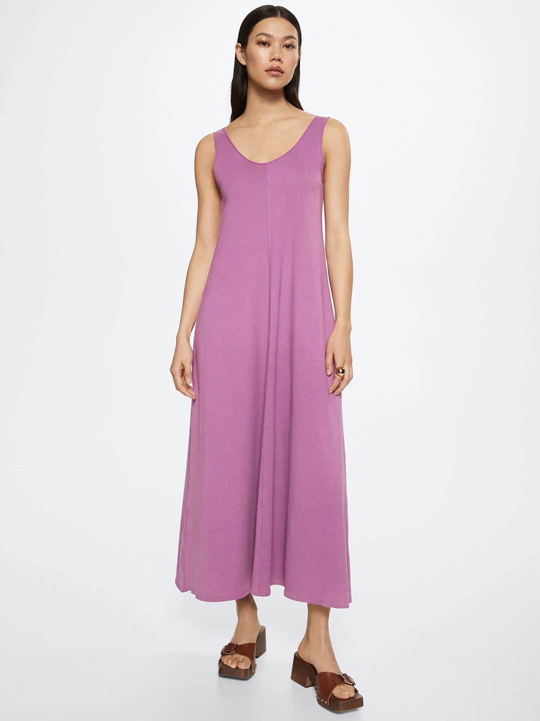 

MANGO Women Purple PURE Cotton Solid Maxi Dress