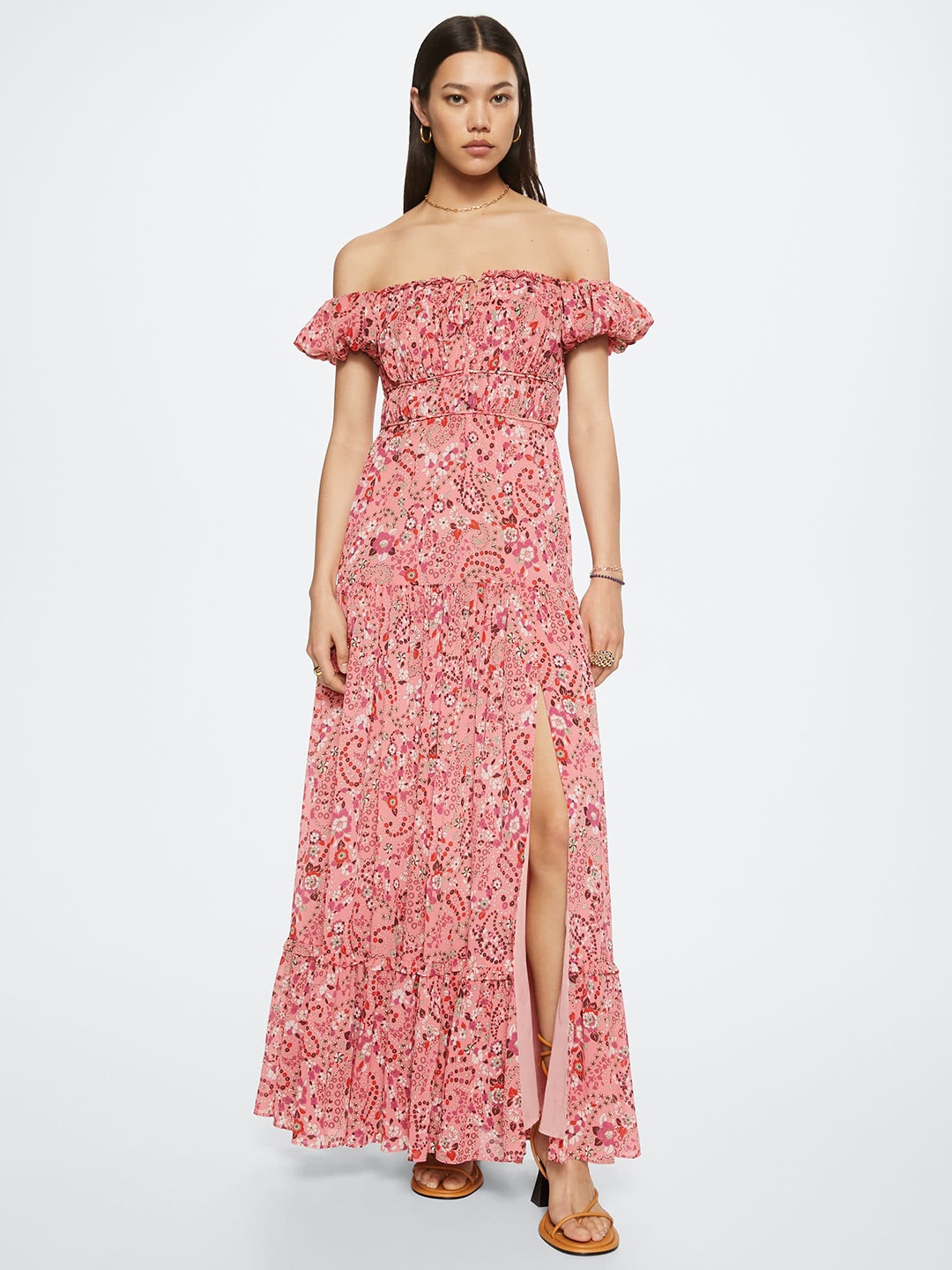 

MANGO Pink & Green Floral Off-Shoulder Maxi Dress with Side Slit