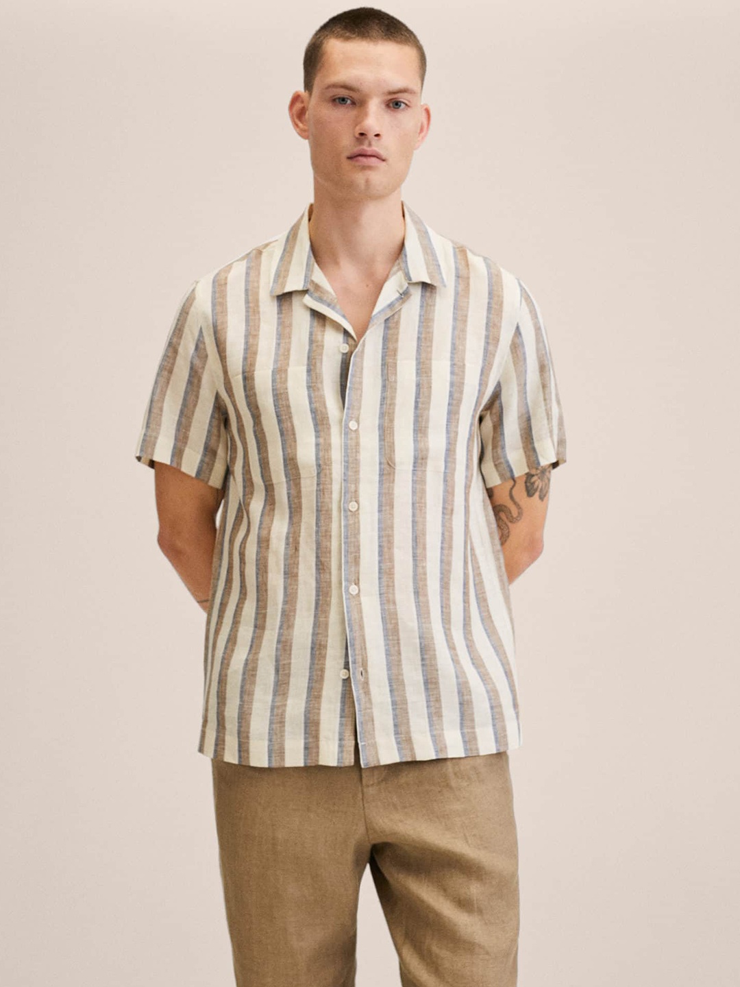 

MANGO MAN Off White & Brown Linen Striped Casual Shirt