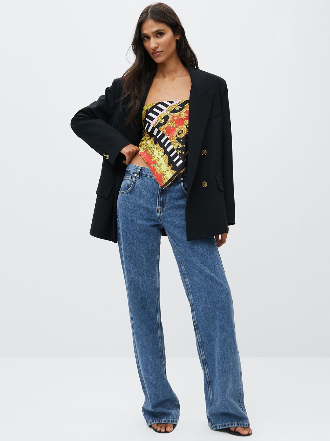 

MANGO Women Black Solid Double-Blazer Breasted