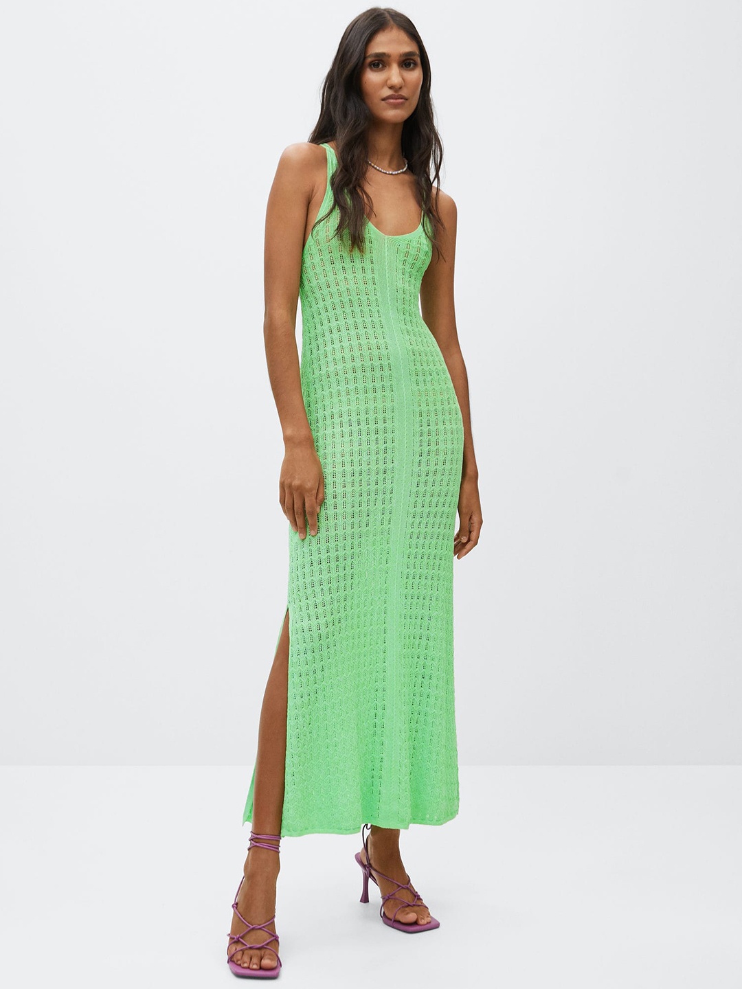 

MANGO Green Crochet Maxi Dress with Lace-Up Detail