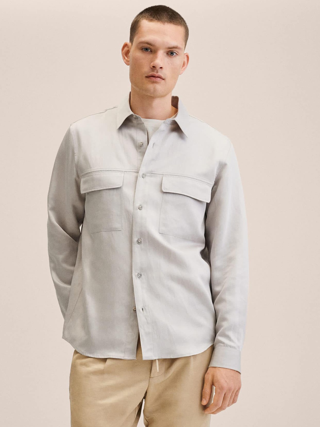 

MANGO MAN Taupe Solid Casual Shirt