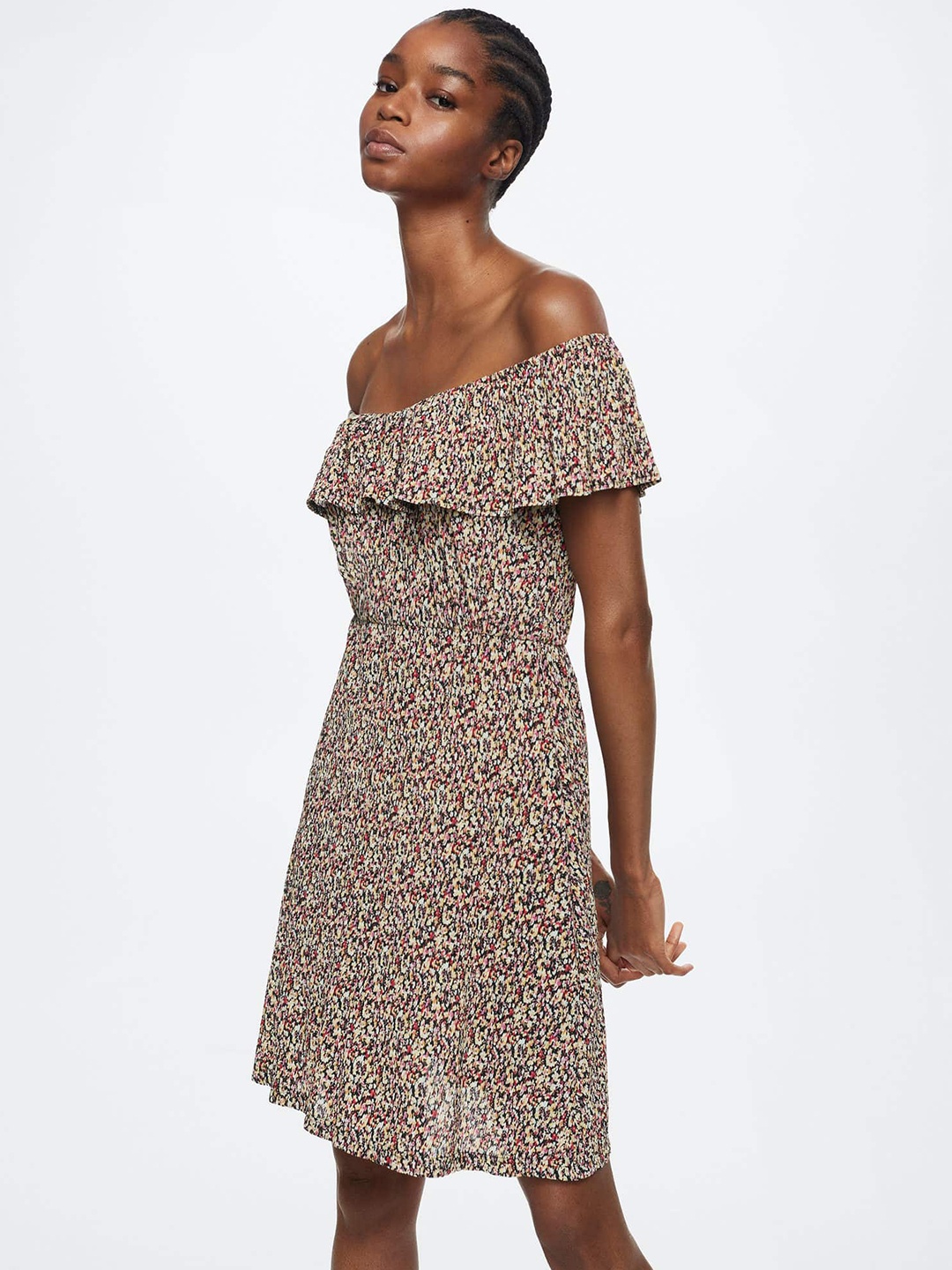 

MANGO Black & Yellow Floral Print Off-Shoulder A-Line Dress