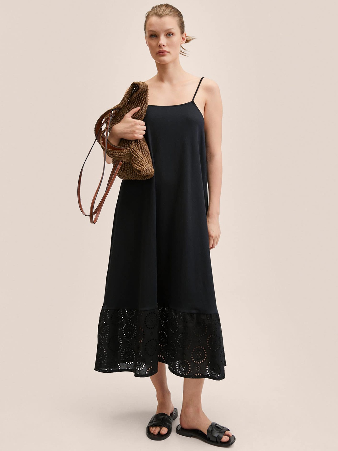 

MANGO Women Black Pure Cotton A-Line Midi Schiffli Dress