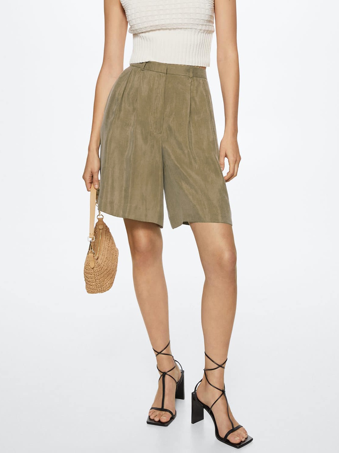 

MANGO Women Brown Solid Pleated Shorts