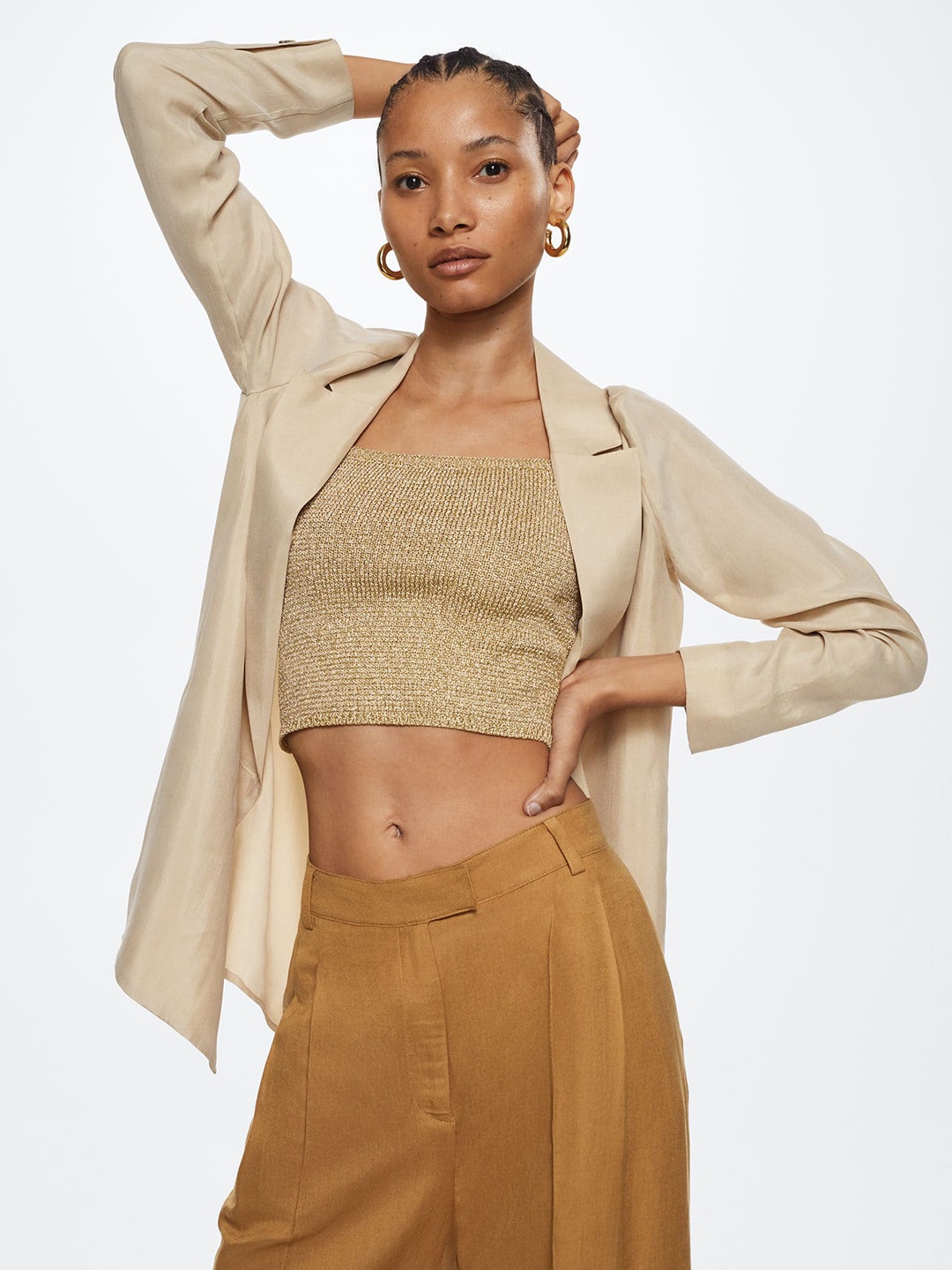 

MANGO Woman Beige Solid Notched Lapel Collar Blazer