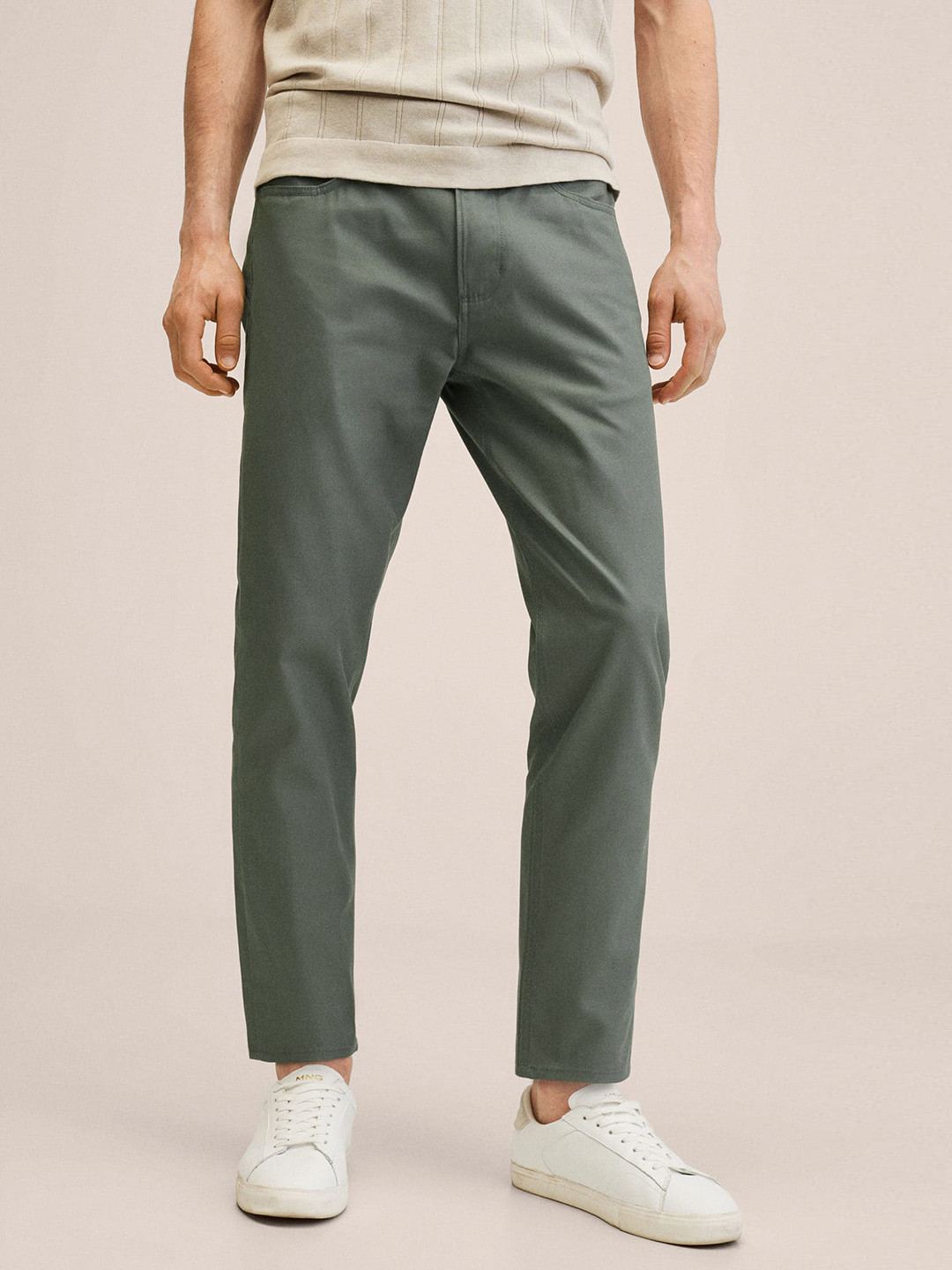 

MANGO MAN Men Olive Green Pure Cotton Solid Trousers