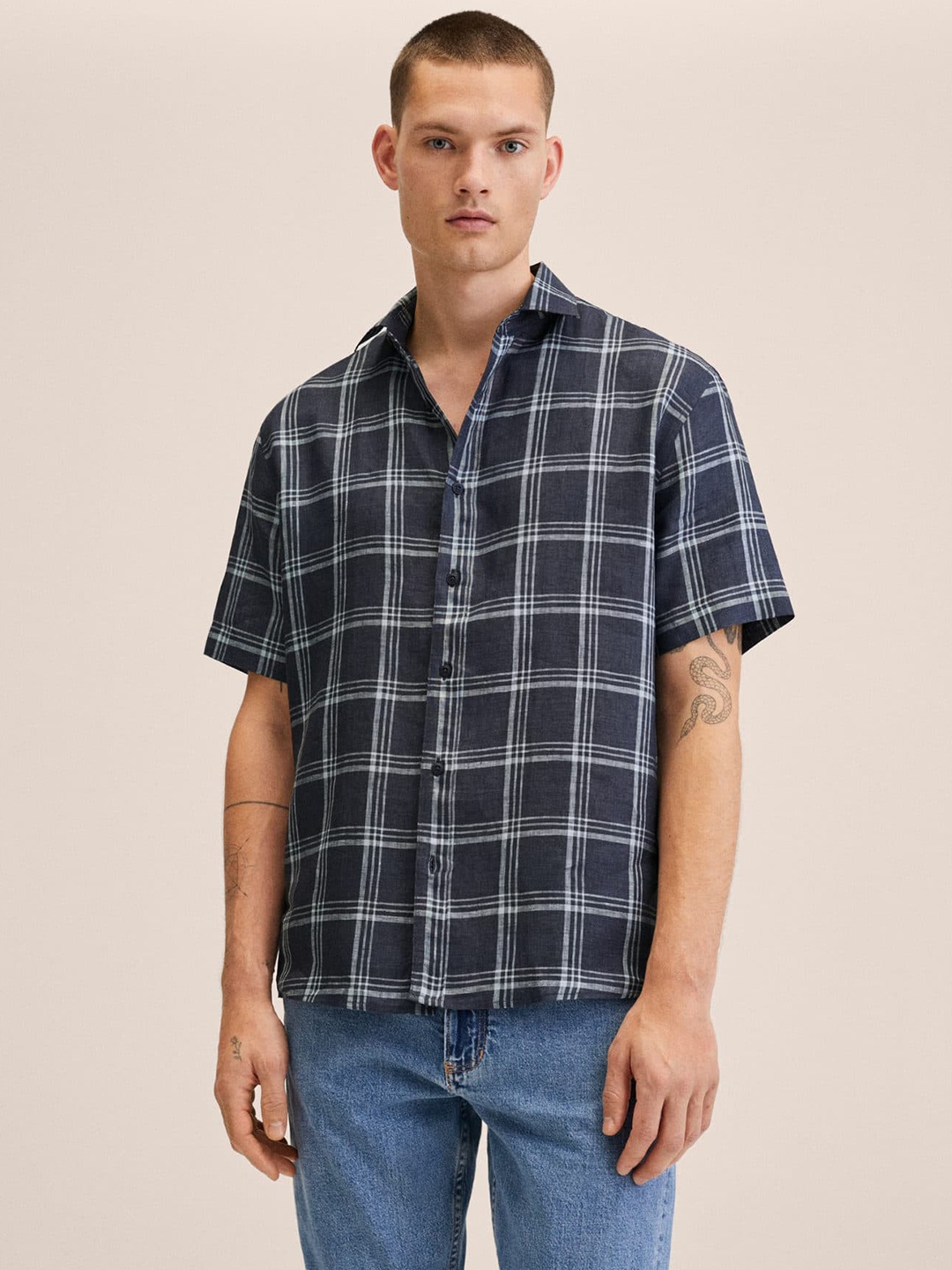 

MANGO MAN Navy Blue & White Linen Checked Casual Shirt