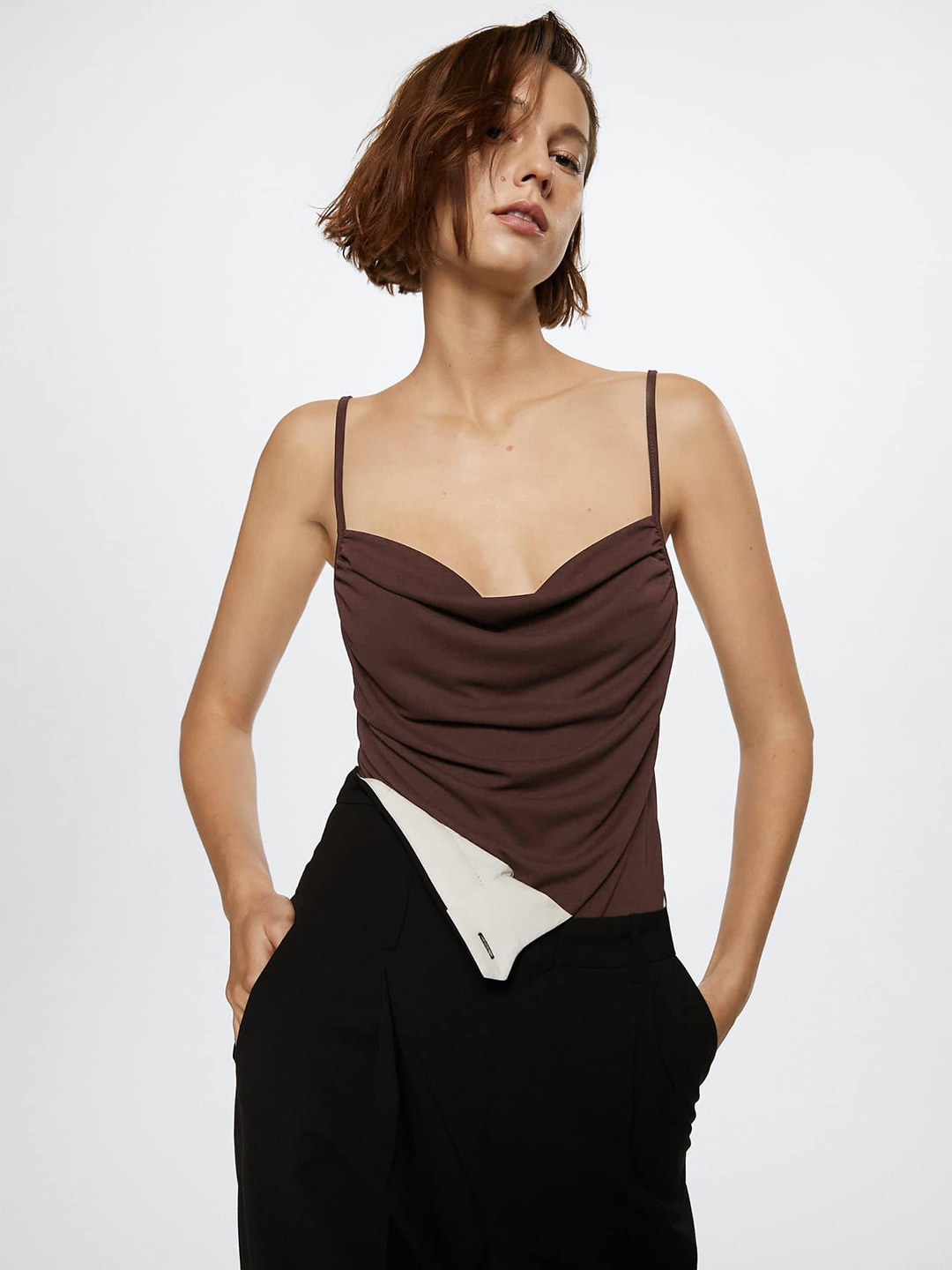 

MANGO Brown Solid Cowl Neck Spaghetti Top