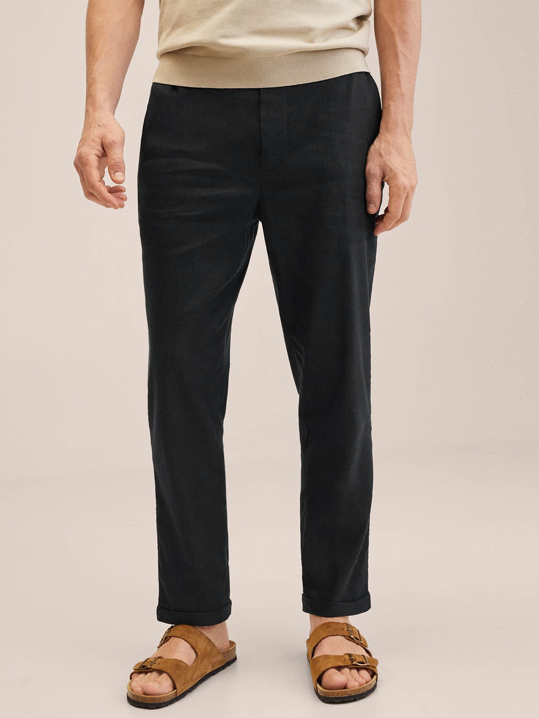

MANGO MAN Men Navy Blue Solid Trousers