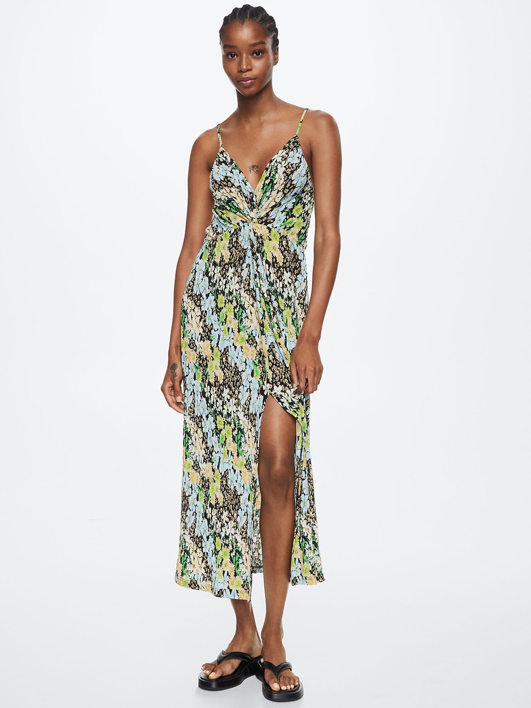 

MANGO Black & Green Floral Printed Slit A-Line Midi Dress