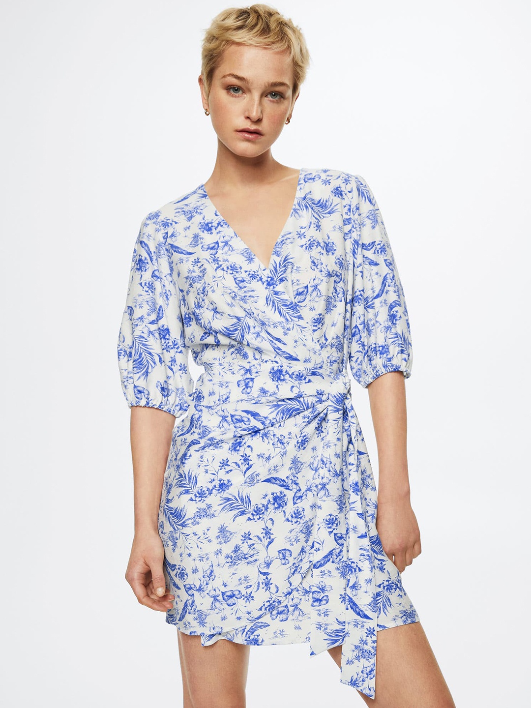 

MANGO Women White & Blue Floral Printed Wrap Dress