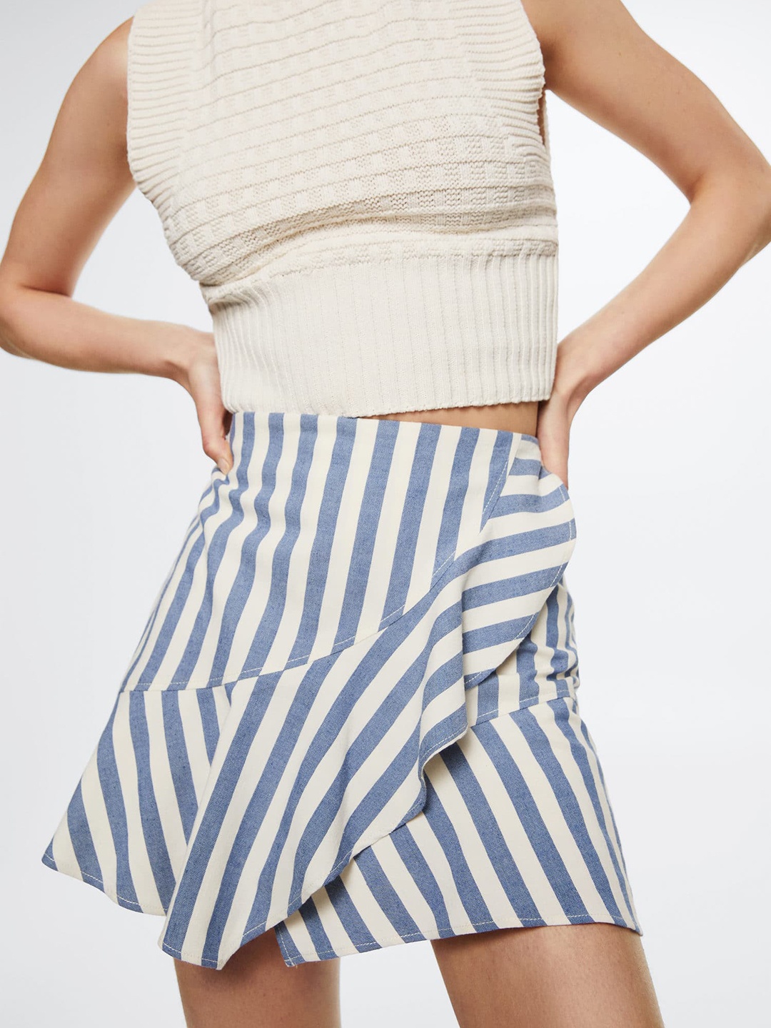 

MANGO Women Blue & White Cotton Linen Striped Ruffled Wrap Skirt