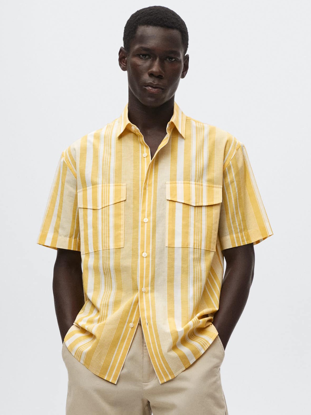 

MANGO MAN Yellow Striped Cotton Linen Blend Casual Shirt