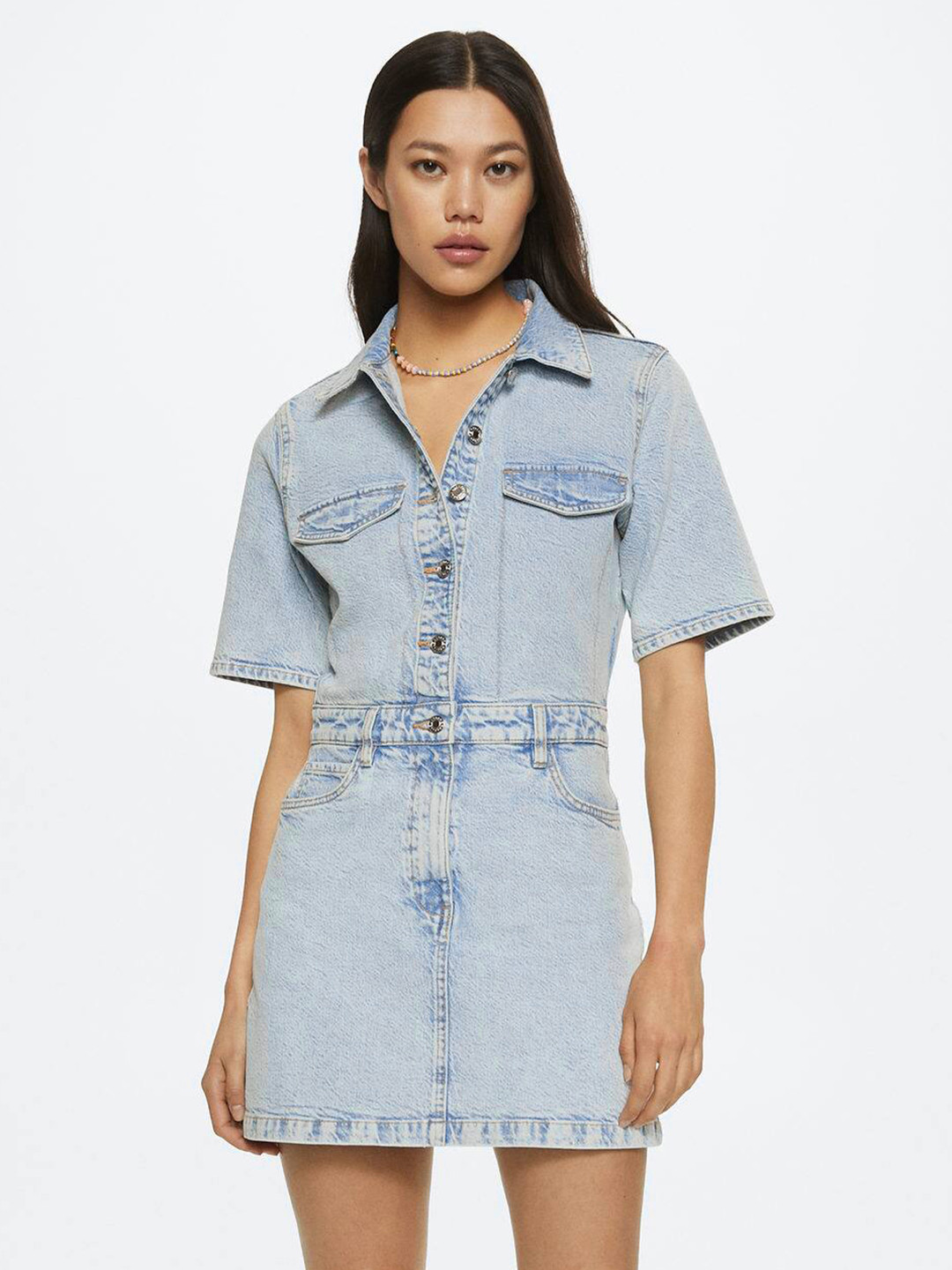 

MANGO Blue Solid Denim Shirt Dress