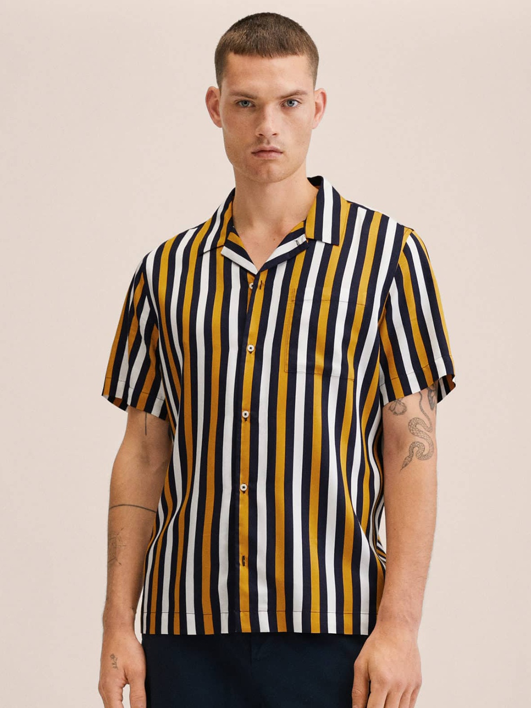 

MANGO MAN White & Navy Blue Striped Casual Shirt