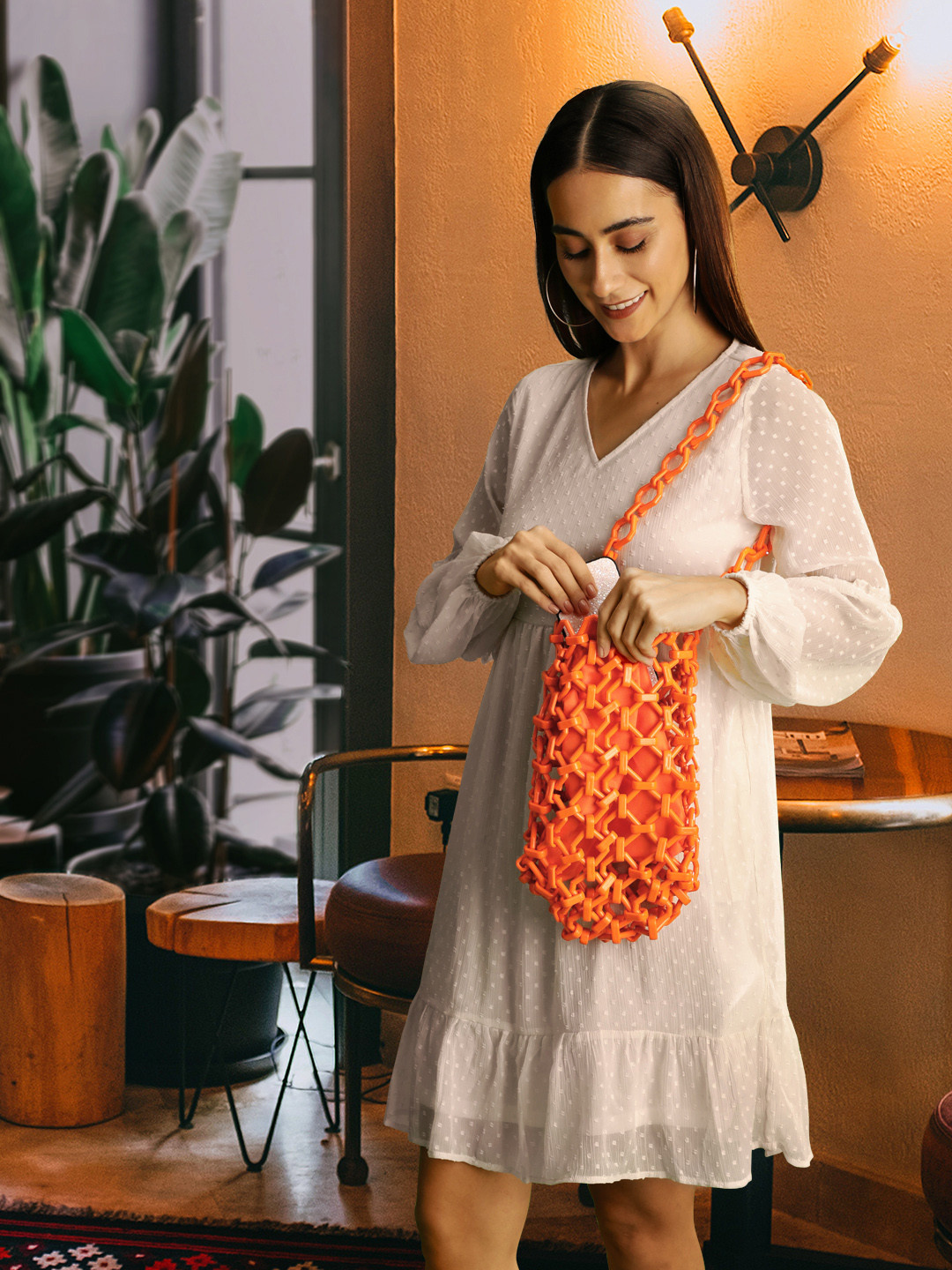 

MANGO Women Orange Solid Chain Style Structured Shoulder Bag