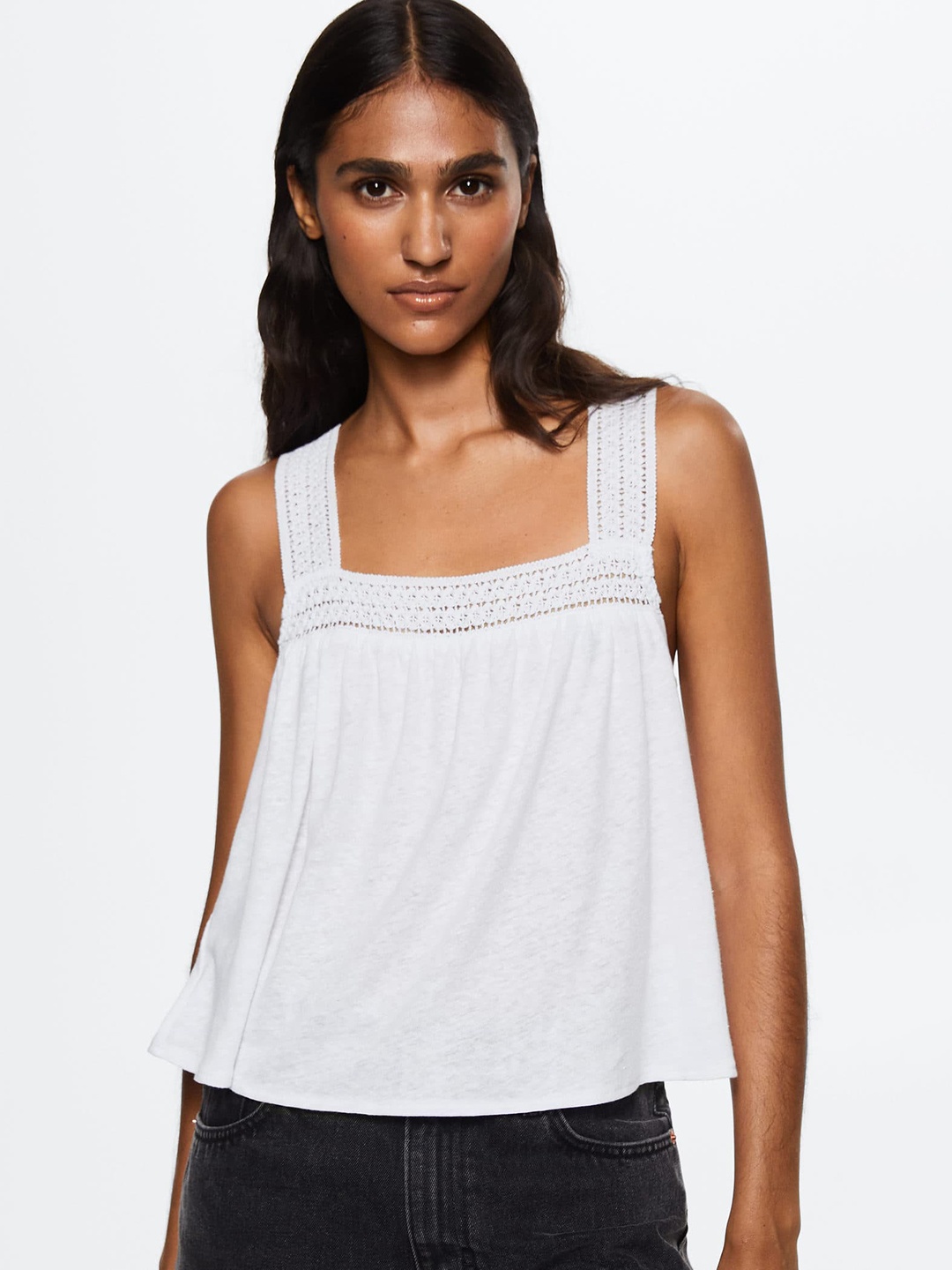 

MANGO White Solid Lace Insert Top