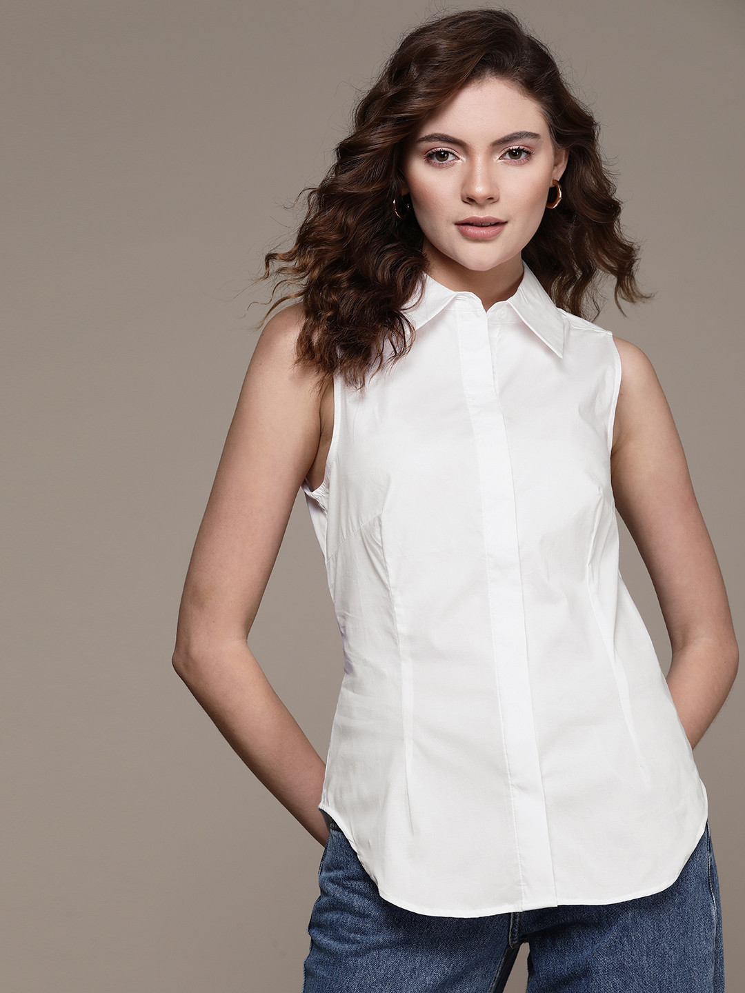 

MANGO Women Off White Solid Casual Shirt