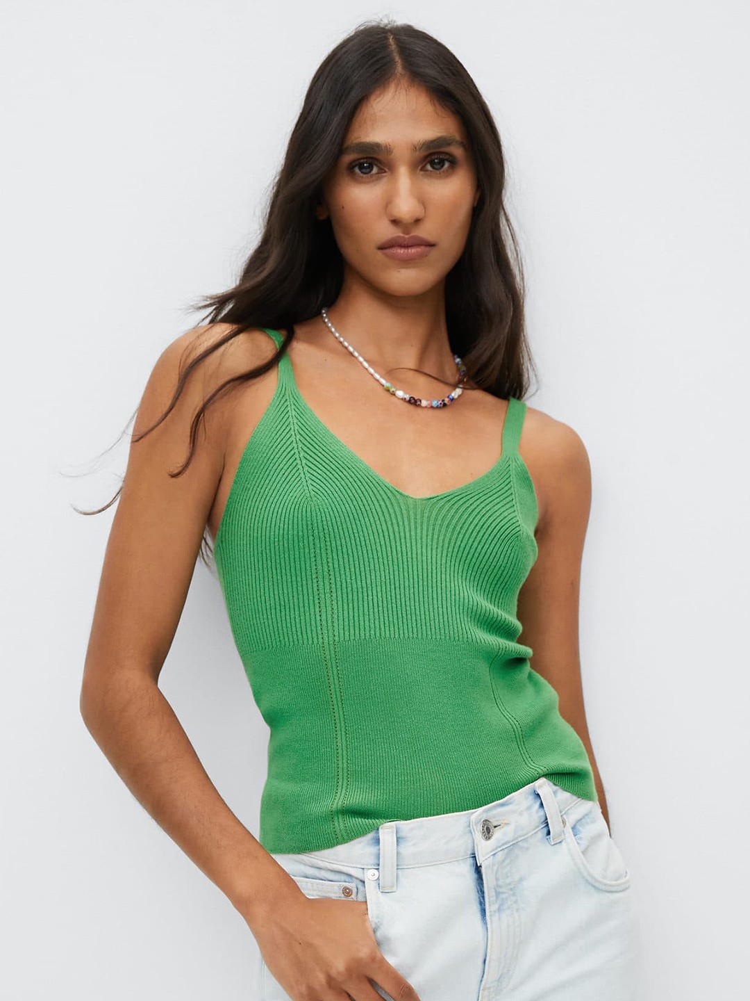 

MANGO Green Ribbed Top
