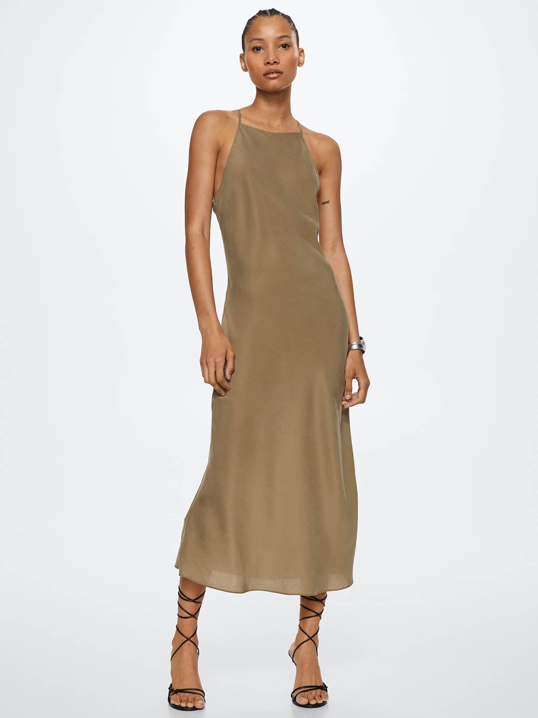 

MANGO Beige Solid A-Line Midi Dress