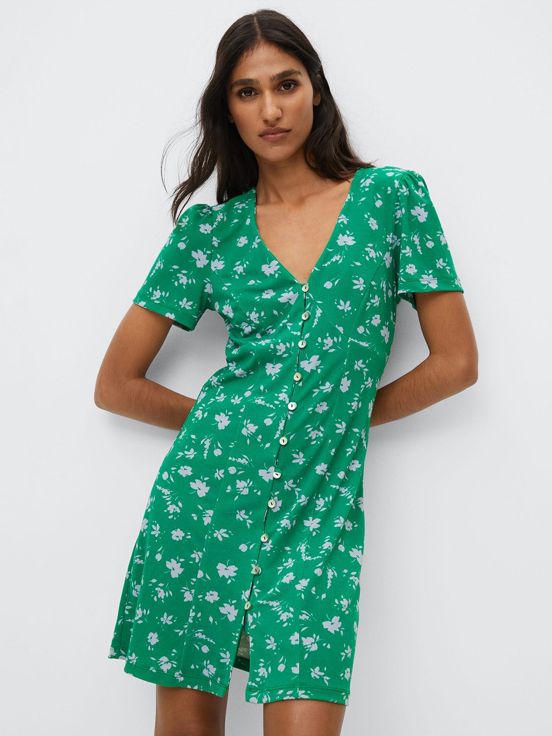 

MANGO Green & Lavender Floral Print A-Line Dress