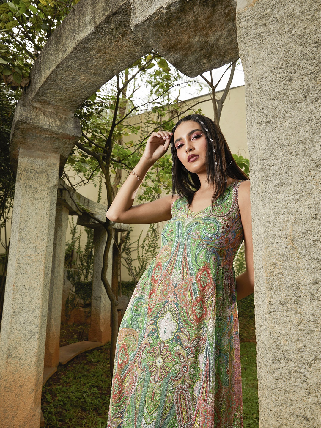 

MANGO Green & Pink Bohemian A-Line Maxi Dress