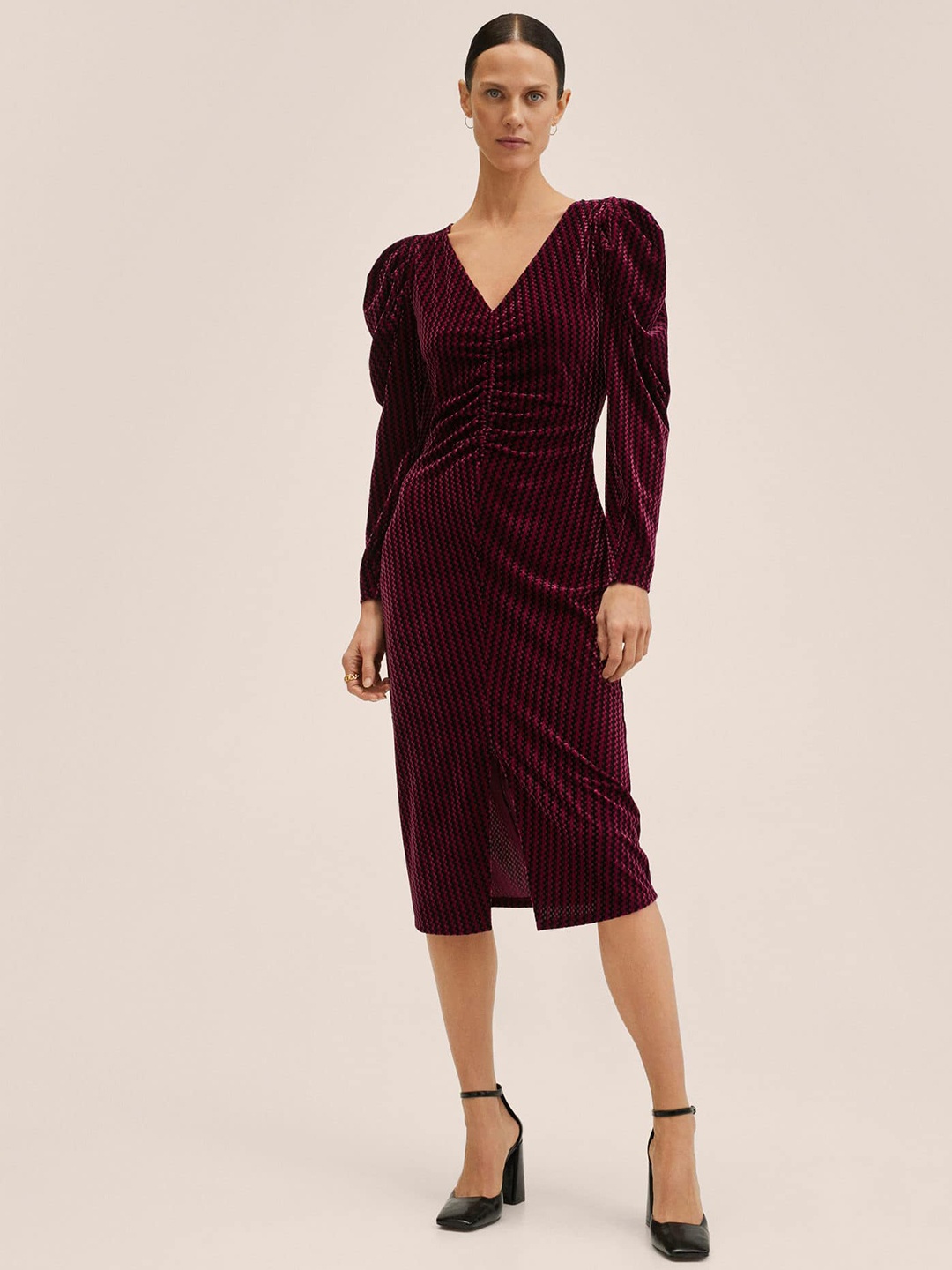 

MANGO Burgundy & Black Self-Design Ruched Sheath Midi Dress with Front Slit