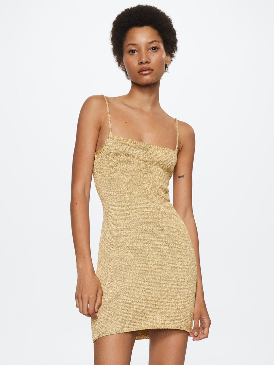 

MANGO Golden Shimmery Sheath Mini Dress with Tie-Up Back, Gold