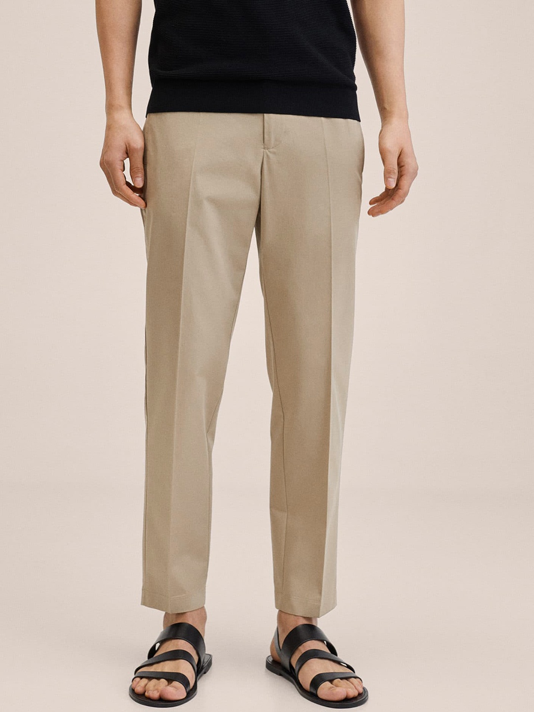 

MANGO MAN Men Beige Pure Cotton Solid Trousers
