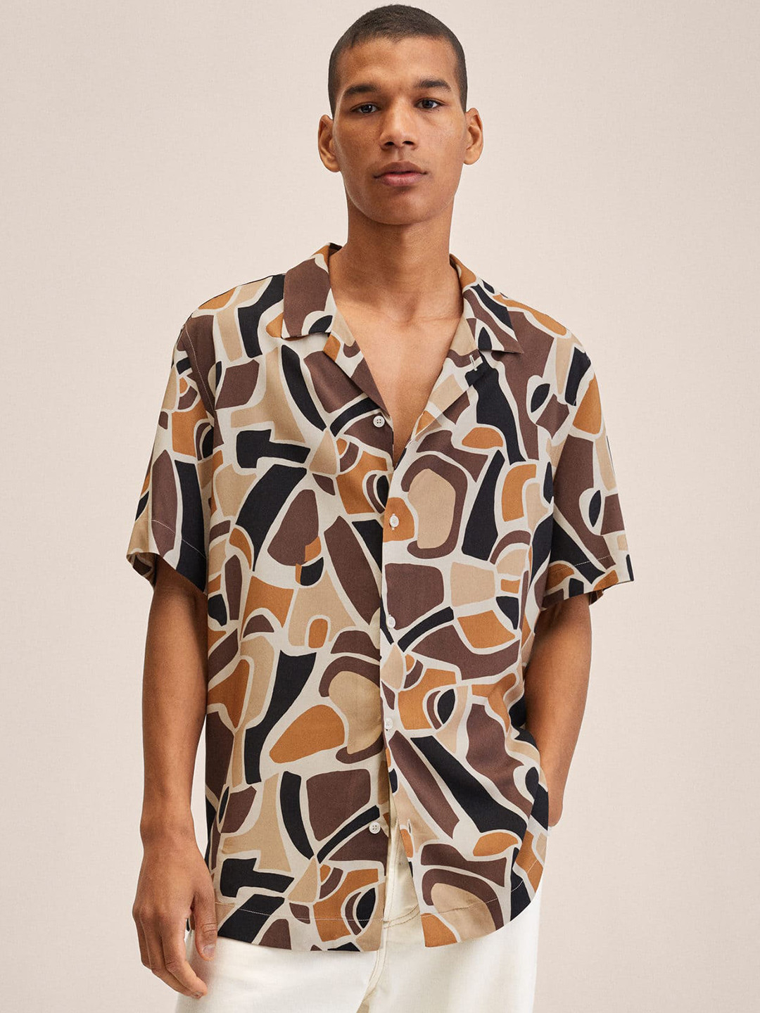 

MANGO MAN Beige Printed Casual Shirt